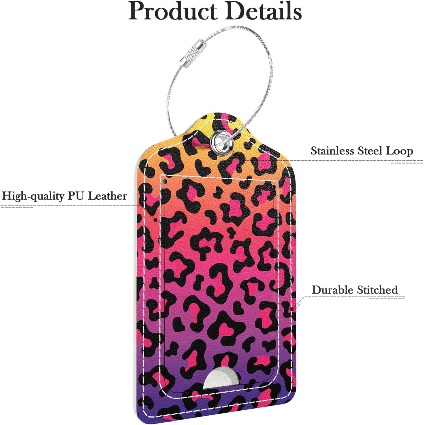 Luggage Tags for Suitcase, 2 Pack PU Leather Travel Cruise Luggage Tag with Privacy Flap, Name ID Label and Metal Loop for Women Men Girls Suitcase Baggage Bag Backpack, Colorful Leopard