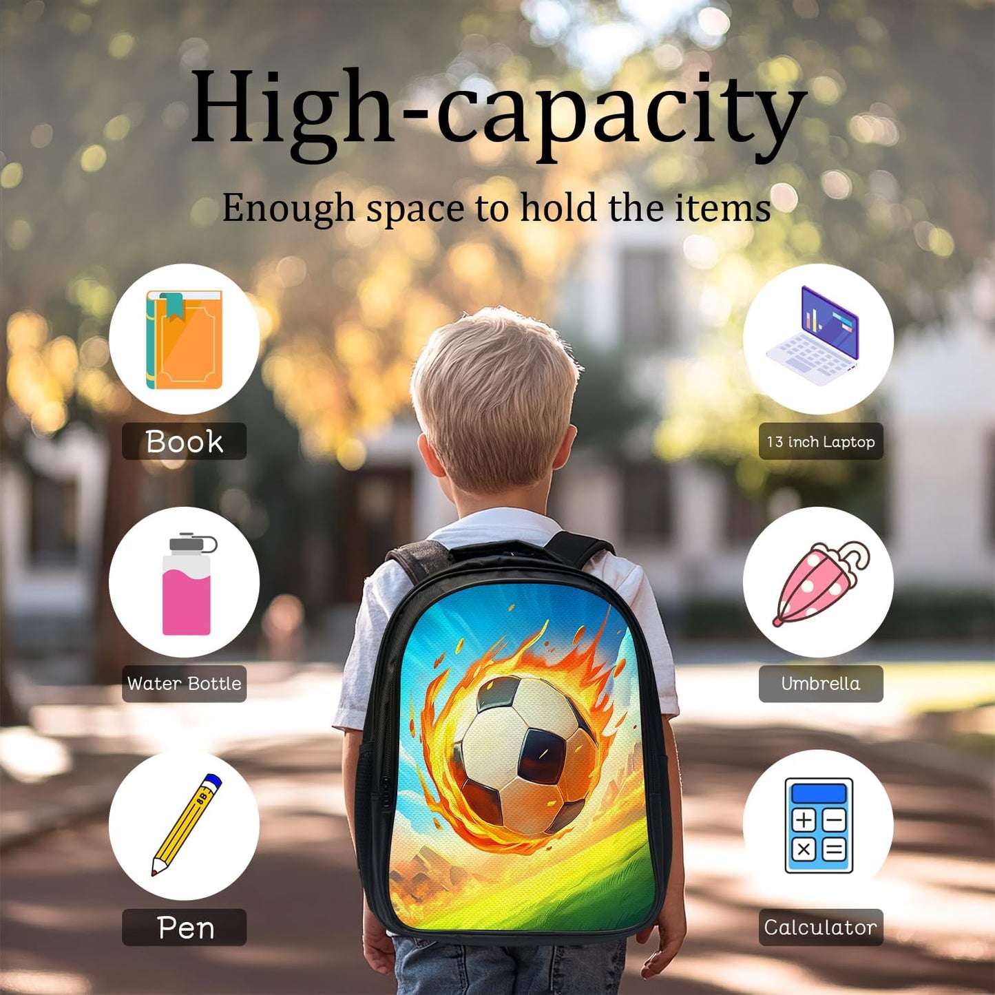 Soccer Backpack School Bag 3PCS Backpack 16 Inch with Lunch Bag Set Lightweight for Teen Boys Girls Kids Elementary Middle School