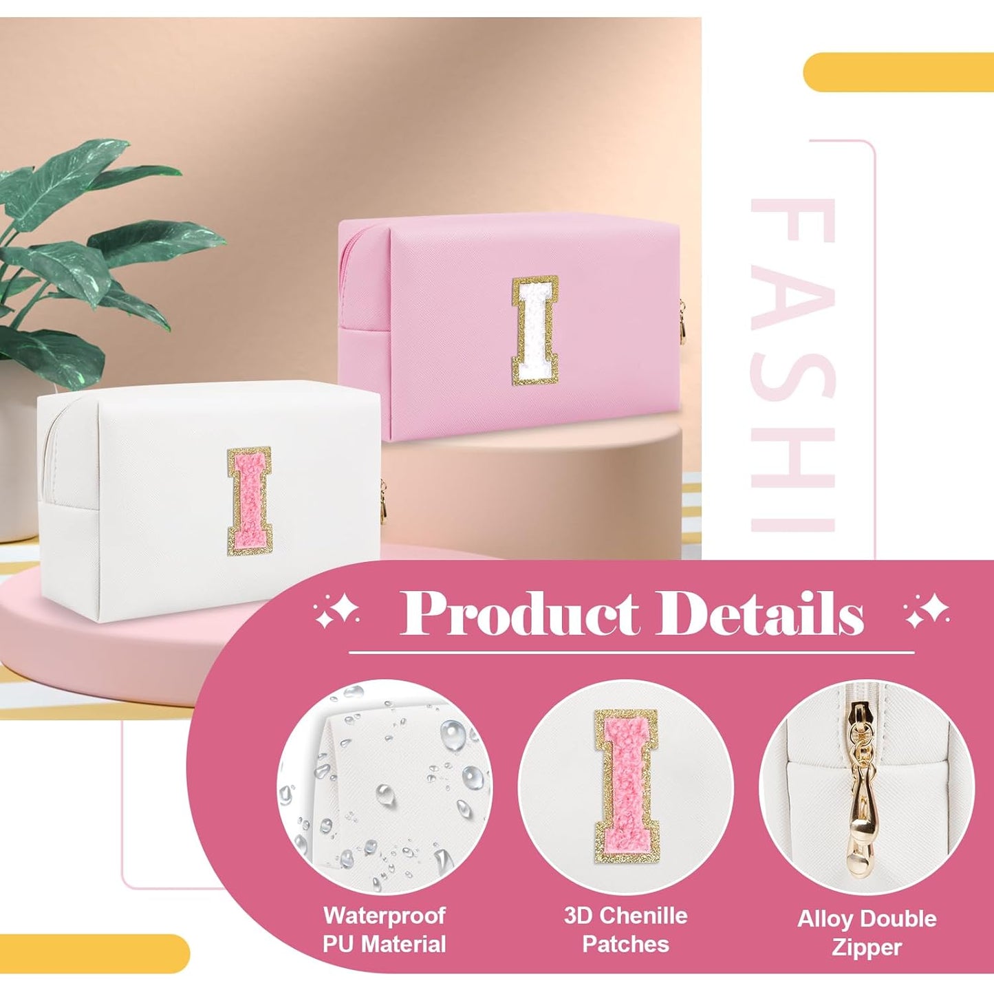 Personalized Makeup Bag Initial A-Z Preppy Patch Bag,Small PU Leather Travel Cosmetic Bag Pouch with Zipper,White Cute Toiletry Bag,Gift Ideal for Teen Girls Women Birthday Friend Mom,Letter I