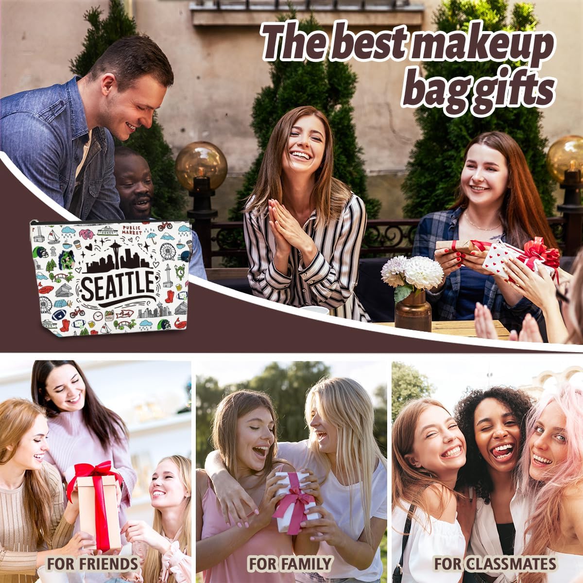 Seattle Themed Makeup Bag - Seattle Souvenirs Gift for Women, Best Friend, Sister - Travel Friendly Cosmetic Bag, Birthday Christmas Gifts