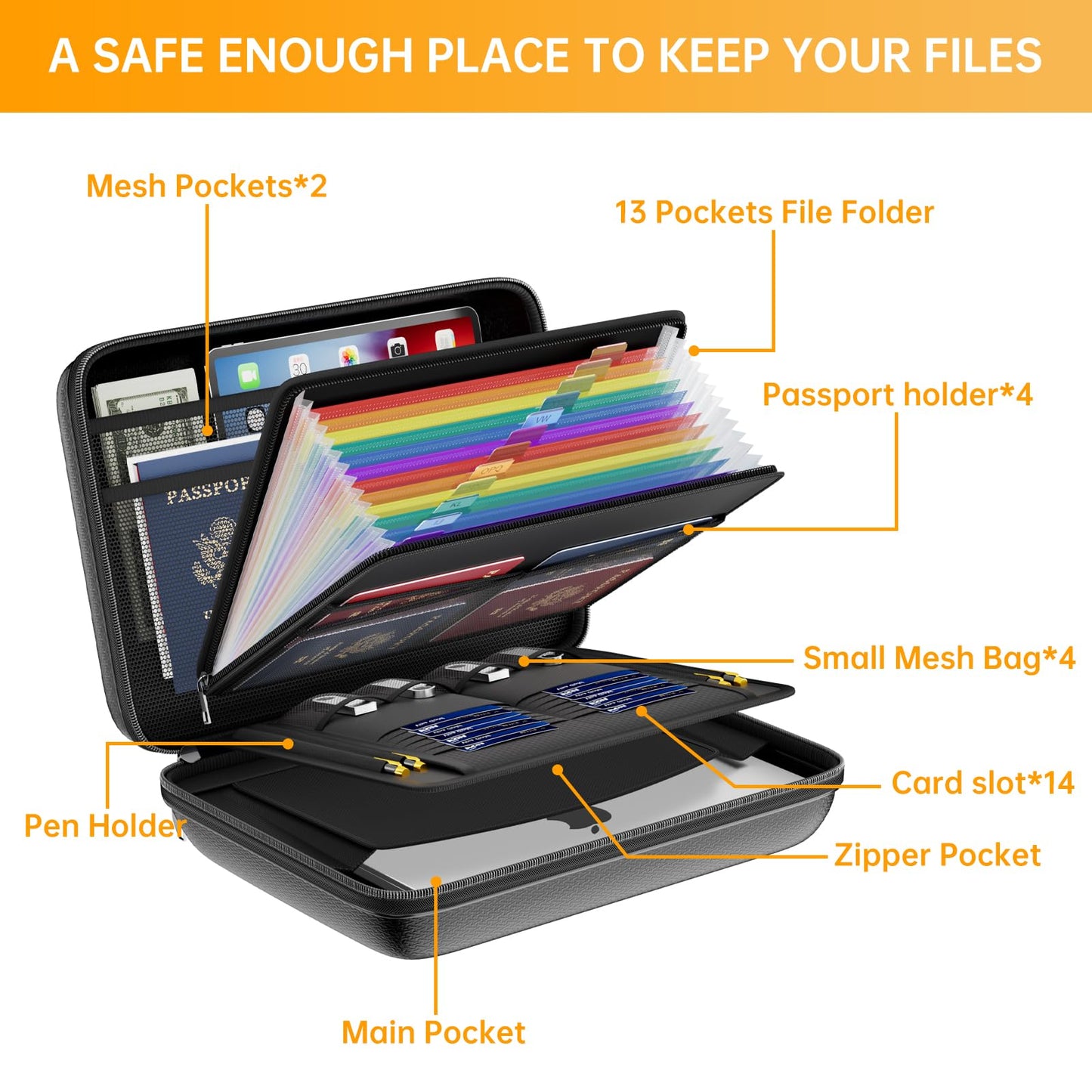 DocSafe Fireproof File Organizer with Lock, Hard-Shell Case Fireproof Document Box with 13 Pocket