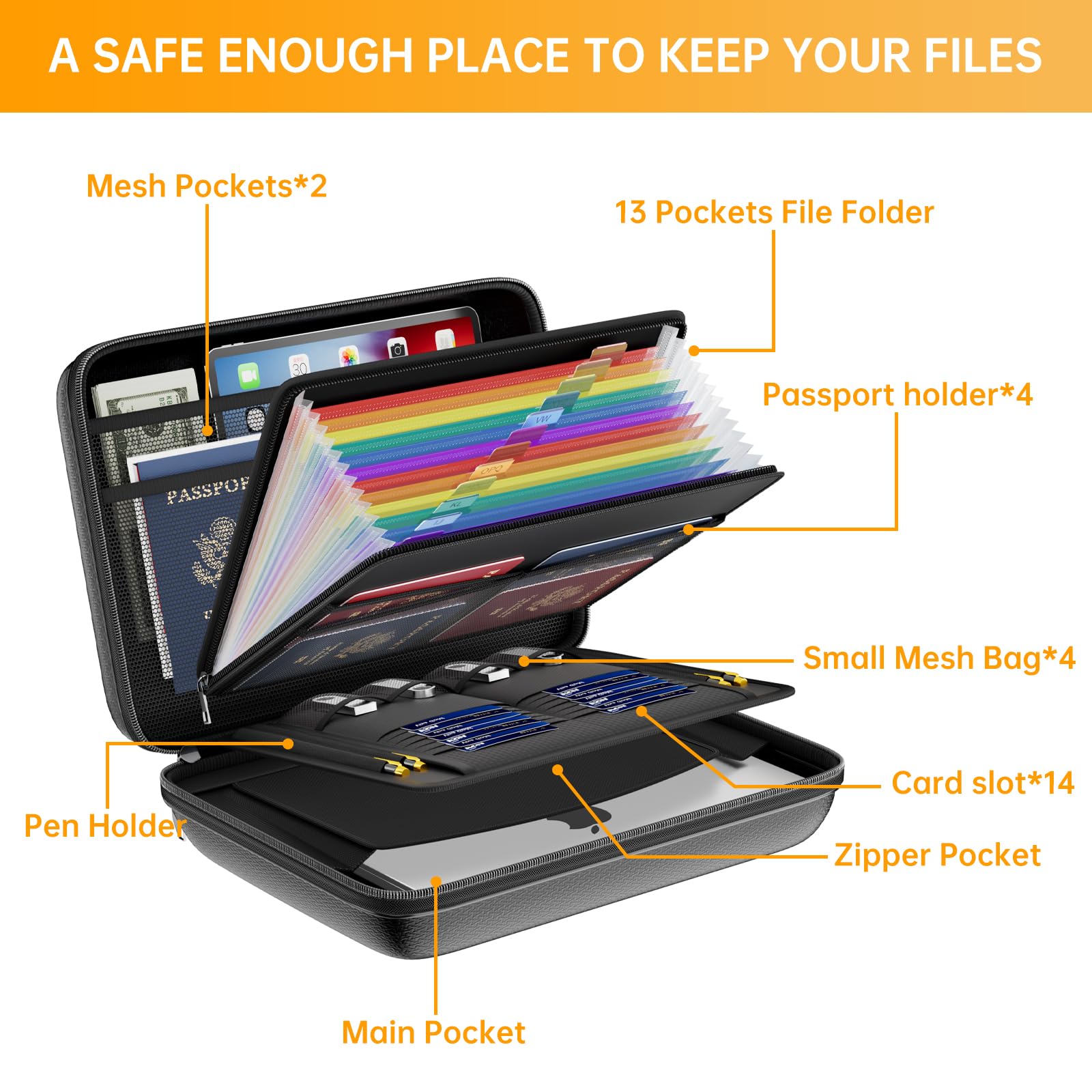 DocSafe Fireproof File Organizer with Lock, Hard-Shell Case Fireproof Document Box with 13 Pocket