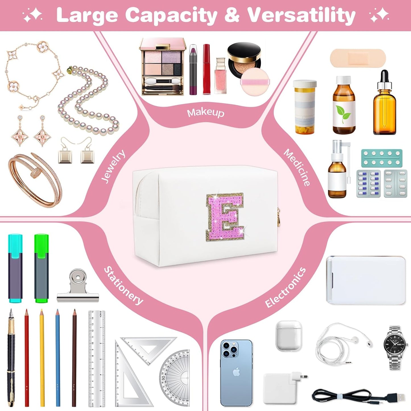 Small Initial Patch Makeup Bag Personalized Gifts Make Up Bag,White Cute PU Leather Glitter Letter Cosmetic Bag with Zipper,Trendy Portable Travel Toiletry Pouch,Preppy Stuff for Teen Girls Women E
