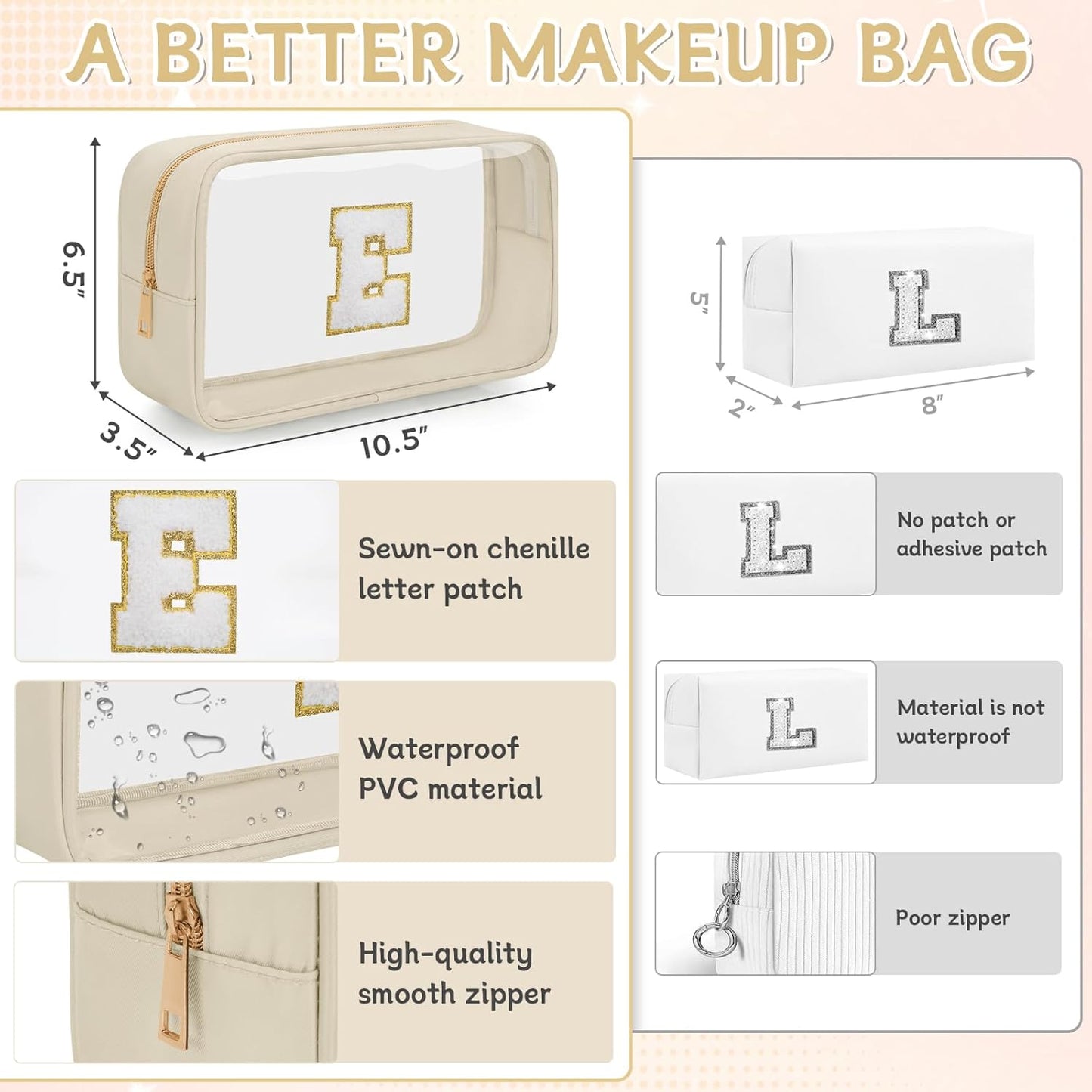 Personalized Initial Clear Makeup Bag, Travel Chenille Patch Cosmetic Bag, Preppy Toiletry Bag Monogram Cosmetic Pouch with Zipper, Ideal Gift for Teen Girls Women (Clear-Beige, E)