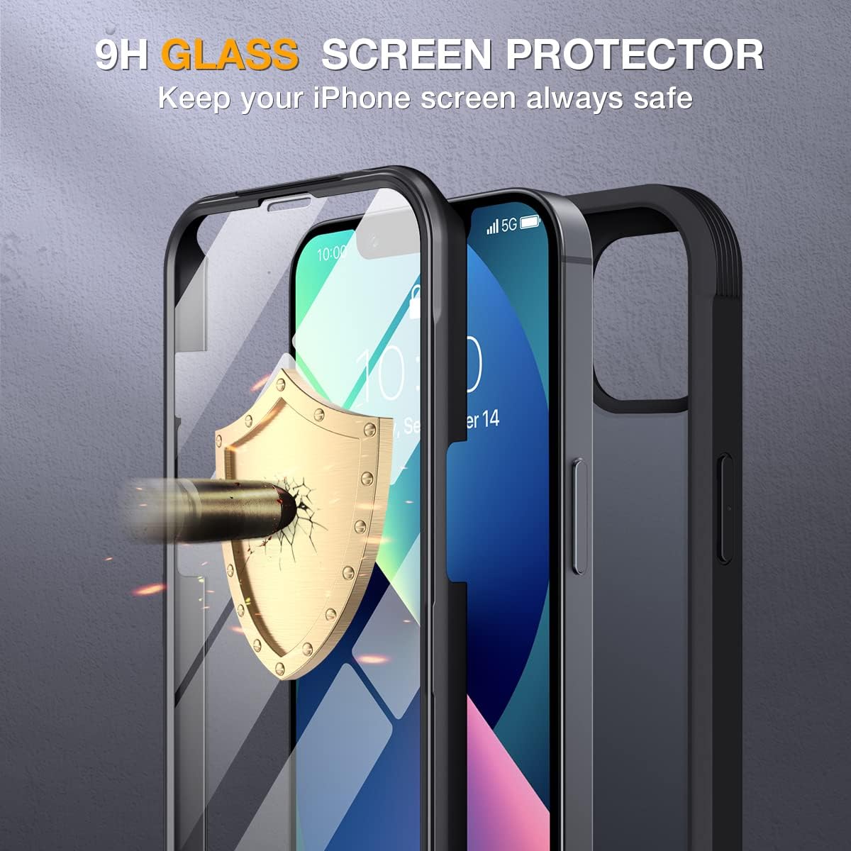 Miracase Compatible with iPhone 13 Mini case 5.4 inch, 2023 Upgrade Full-Body Glass Clear Case Bumper Case with Built-in 9H Tempered Glass Screen Protector for iPhone 13 Mini,Matte Black