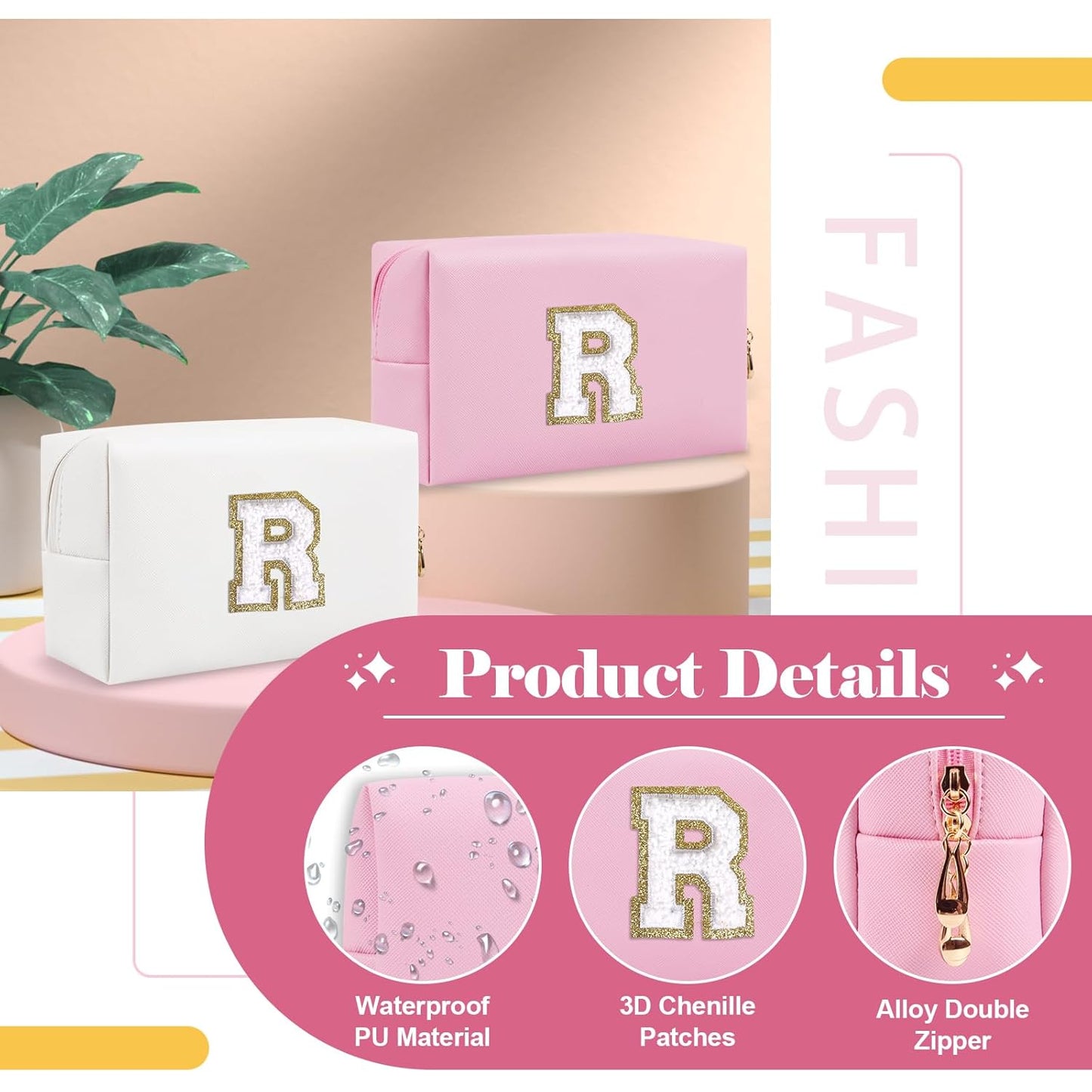 Personalized Initial A-Z Preppy Patch Makeup Bag,Small PU Chenille Letter Cosmetic Bag with Zipper