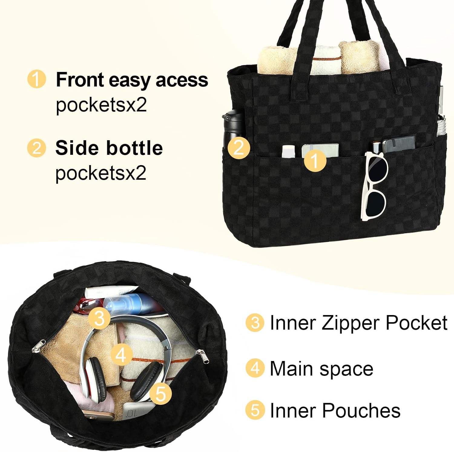LEDAOU Large Beach Tote Bag Women Waterproof Sandproof Zipper Beach Tote Bag for Pool Gym Grocery