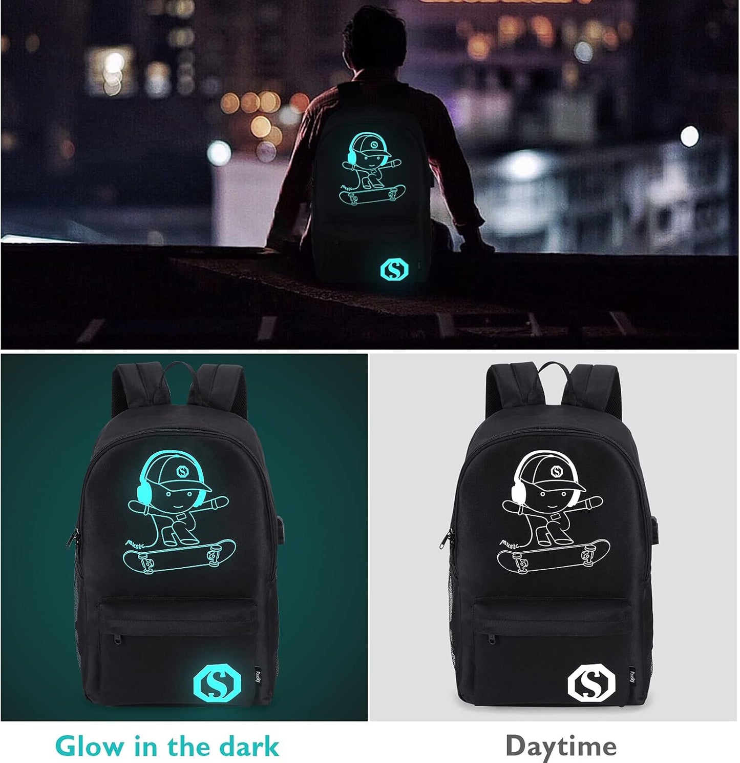 Skateboard Anime Luminous School Backpack with USB Charging Port, Anti Theft Lock, Sling Bag &