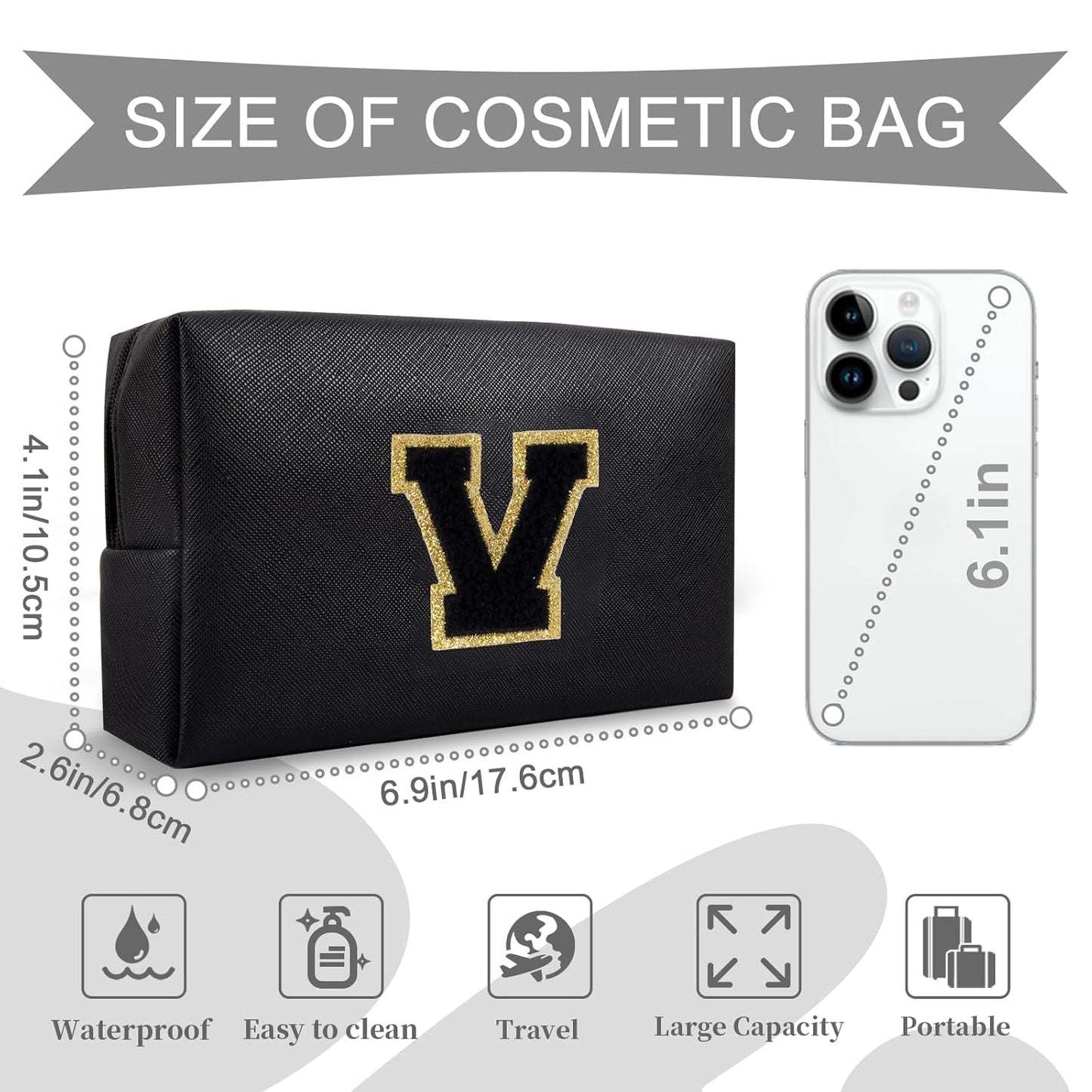 Personalized Initial A-Z Preppy Patch Makeup Bag,Small PU Chenille Letter Cosmetic Bag with Zipper for Teen Girls,Black Cute Toiletry Organizer Bag,Monogram Makeup Case Gift for Women Girls,Letter V
