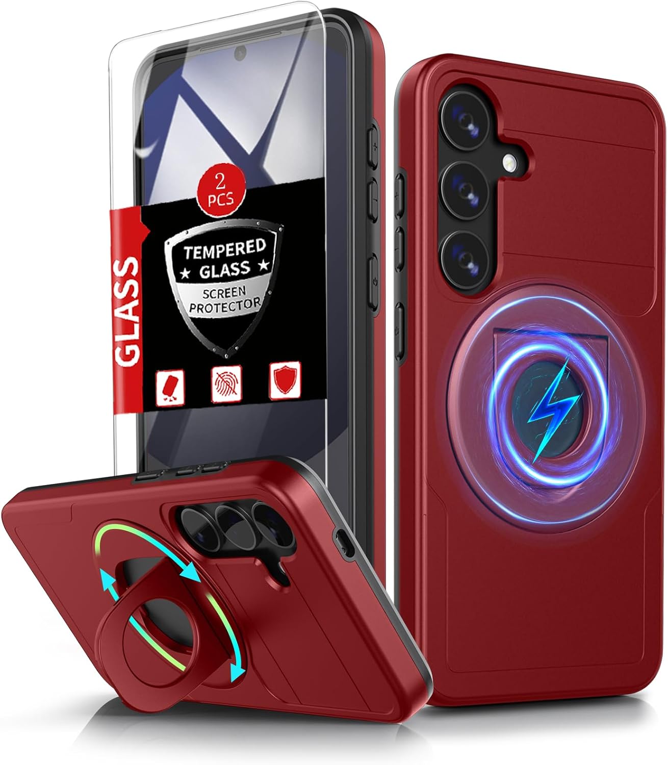for Samsung Galaxy S24 FE Case Magnetic Compatible with MagSafe Wireless Charging,with 2 Screen Protectors,for S24 FE Case with Stand Ring Anti-Scratch Shockproof Heavy Duty Protection Red