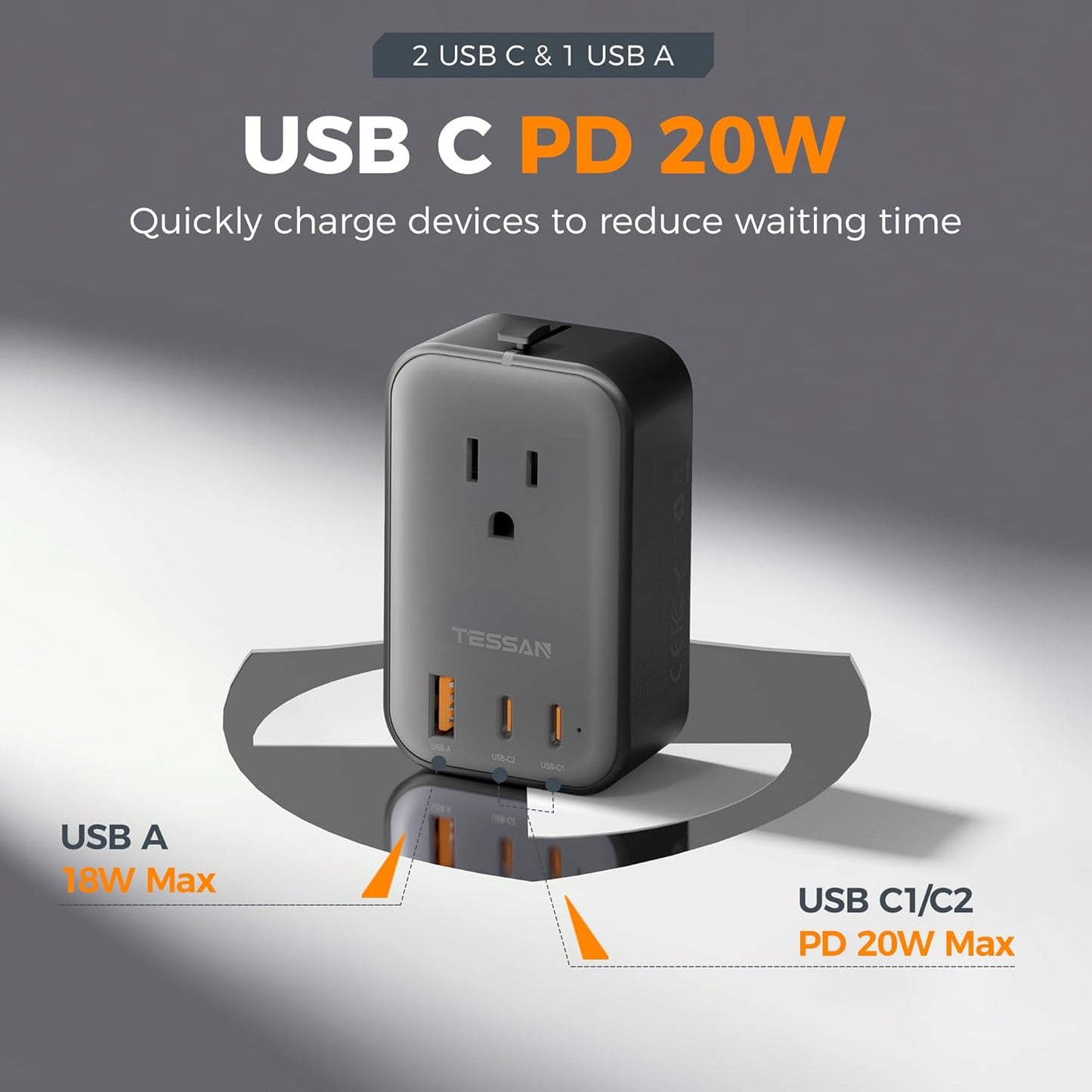 TESSAN International Power Adapter, Travel Adapter PD 20W 2 USB C 1 USB A, Ultra Thin Universal Plug Adaptor Worldwide for US to Europe UK Australia Ireland (Type C G A I)