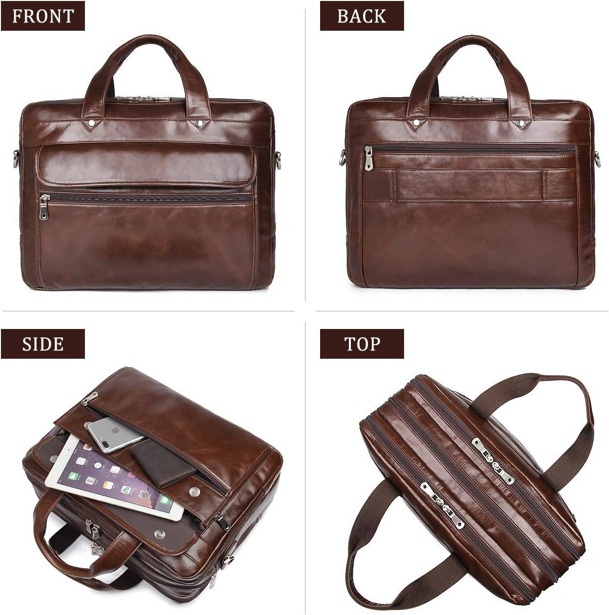 Augus Genuine Leather Mens Briefcase businessTravel Bags 15.6 Inch Laptop Bag YKK Zipper, Coffee