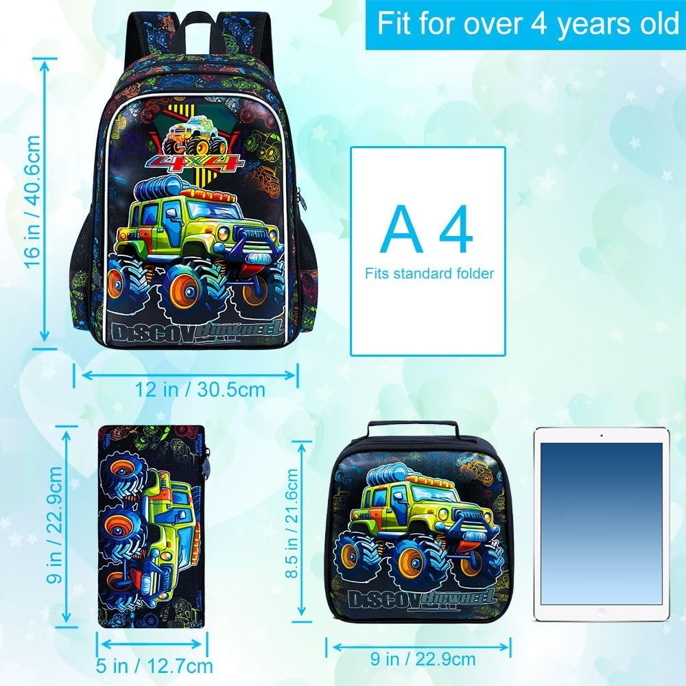 gxtvo 3PCS Boys Truck Backpack, 16" Kids Car Bookbag with Lunch Box, Water Resistant Elementary Preschool Toddler School Bag