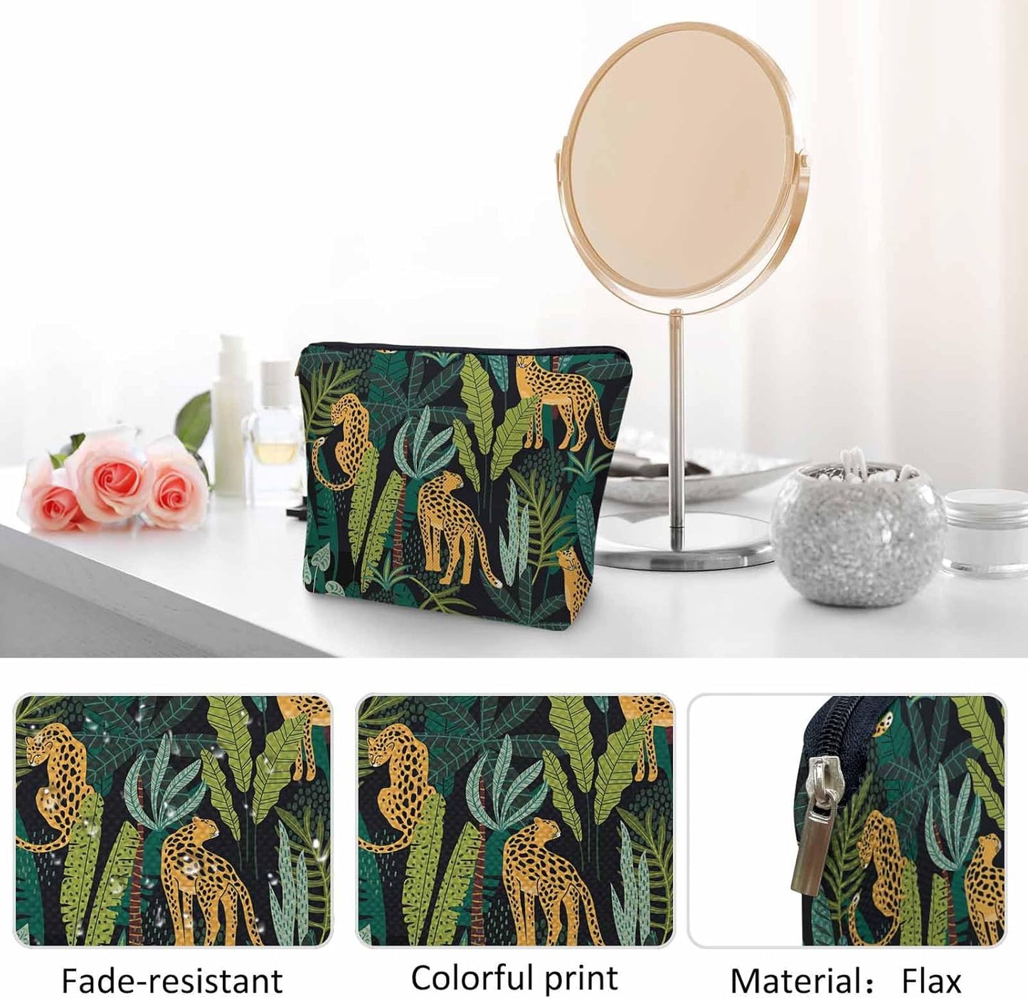 Leopard Cosmetic Travel Bag For Toiletries, Tropical Leaves Leopard Cheetah Makeup Bag Toiletry Bags For Women, Flax Cosmetic Bags Make Up Bag Purse Toiletries Bag Birthday Gift Yellow Green