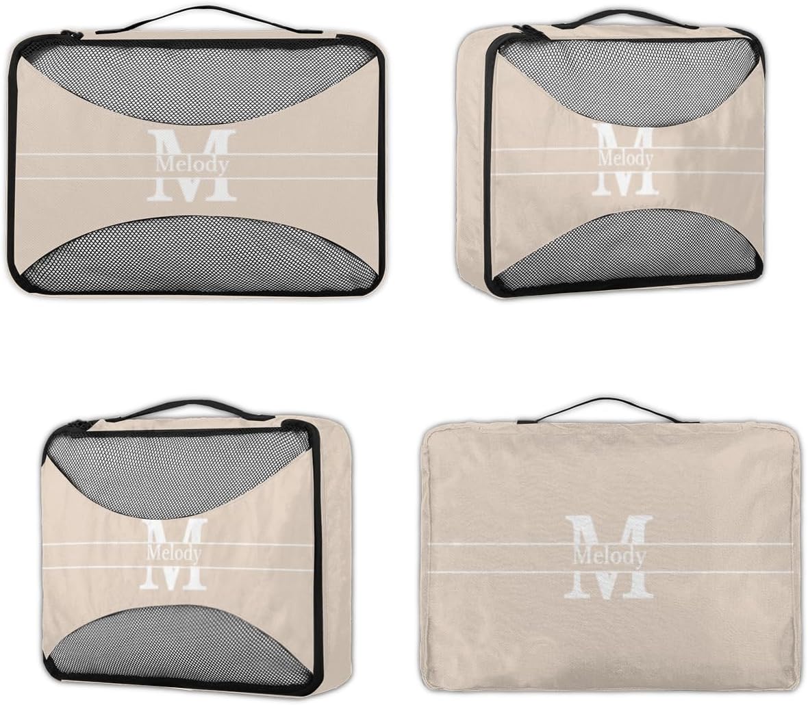 Personalized Compression Packing Cubes with Name Initial Letter, Beige Color 4 Set Mesh Travel Organizer Bags for Carry on, Luggage, Suitcase