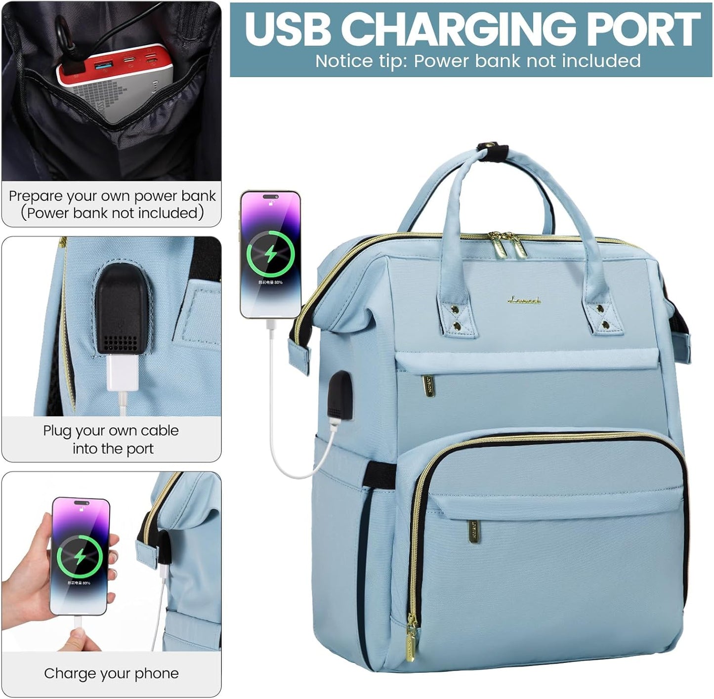 LOVEVOOK Laptop Backpack for Women,17 Inch Professional Womens Travel Backpack Purse Computer Laptop Bag Nurse Teacher Backpack,Waterproof College Work Bags Carry on Back Pack with USB Port,Sky Blue
