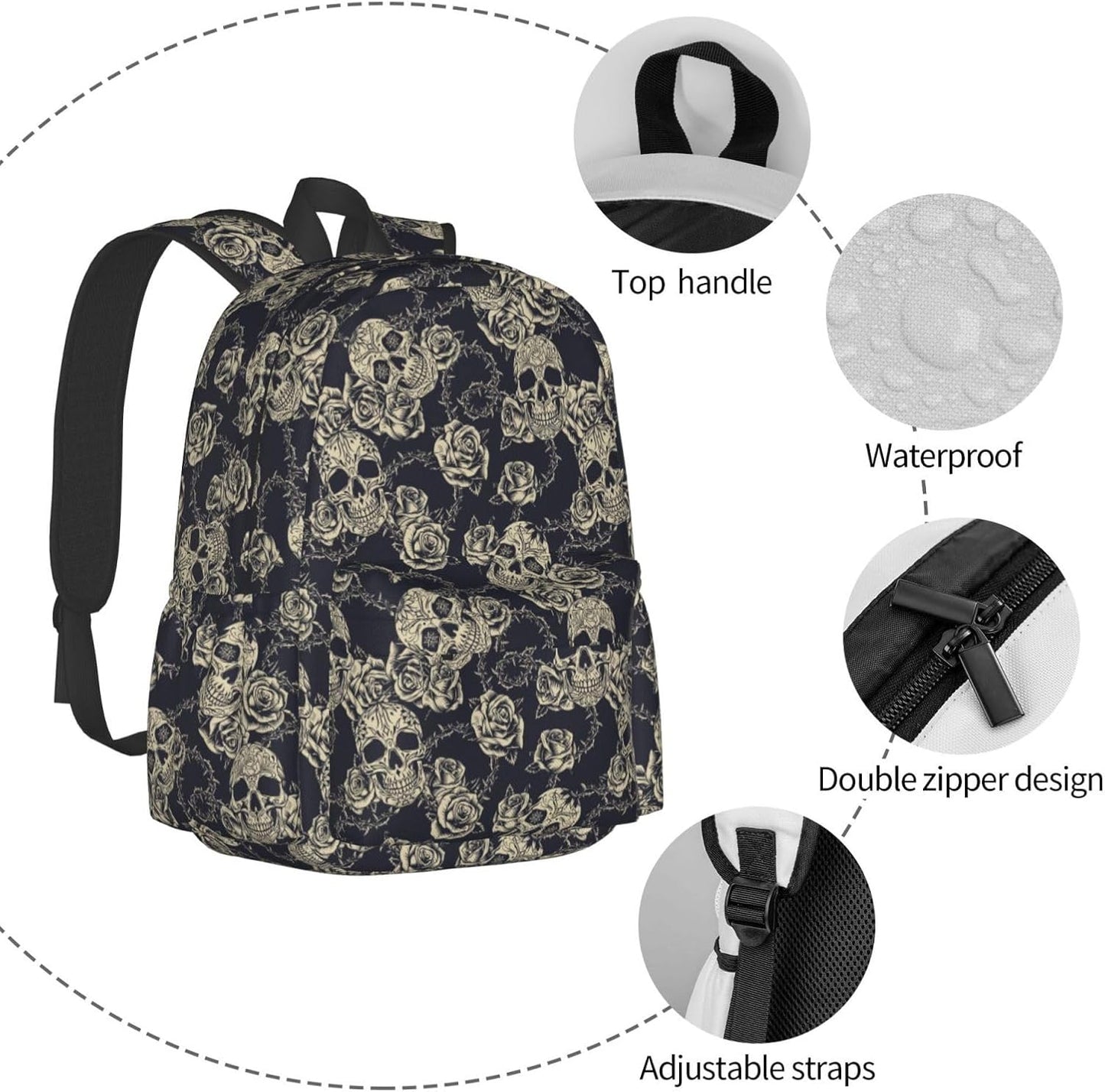 Skull Rose Backpack School Bag Lightweight Bookbag Laptop Travel Daypack For Kids Girls Boys Teens