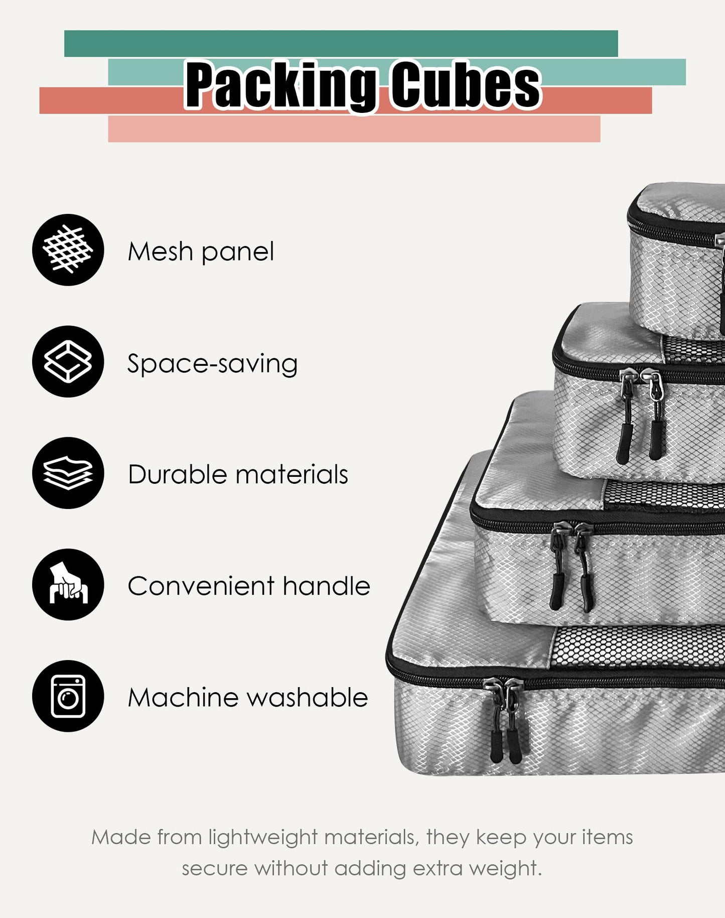 WTREE 4-Piece Packing Cubes Travel Accessories Set for Suitcases - Luggage Organizer Bags with
