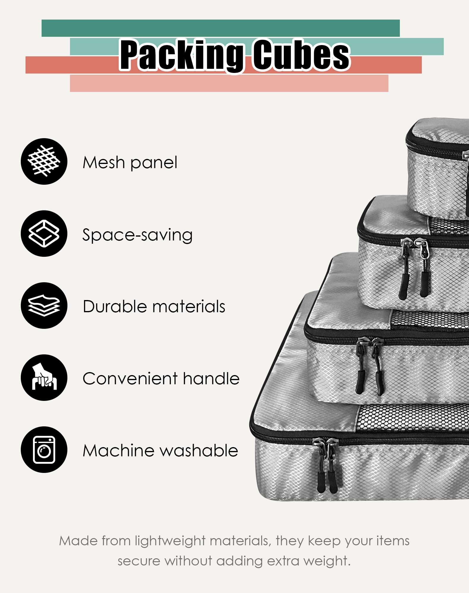 WTREE 4-Piece Packing Cubes Travel Accessories Set for Suitcases - Luggage Organizer Bags with