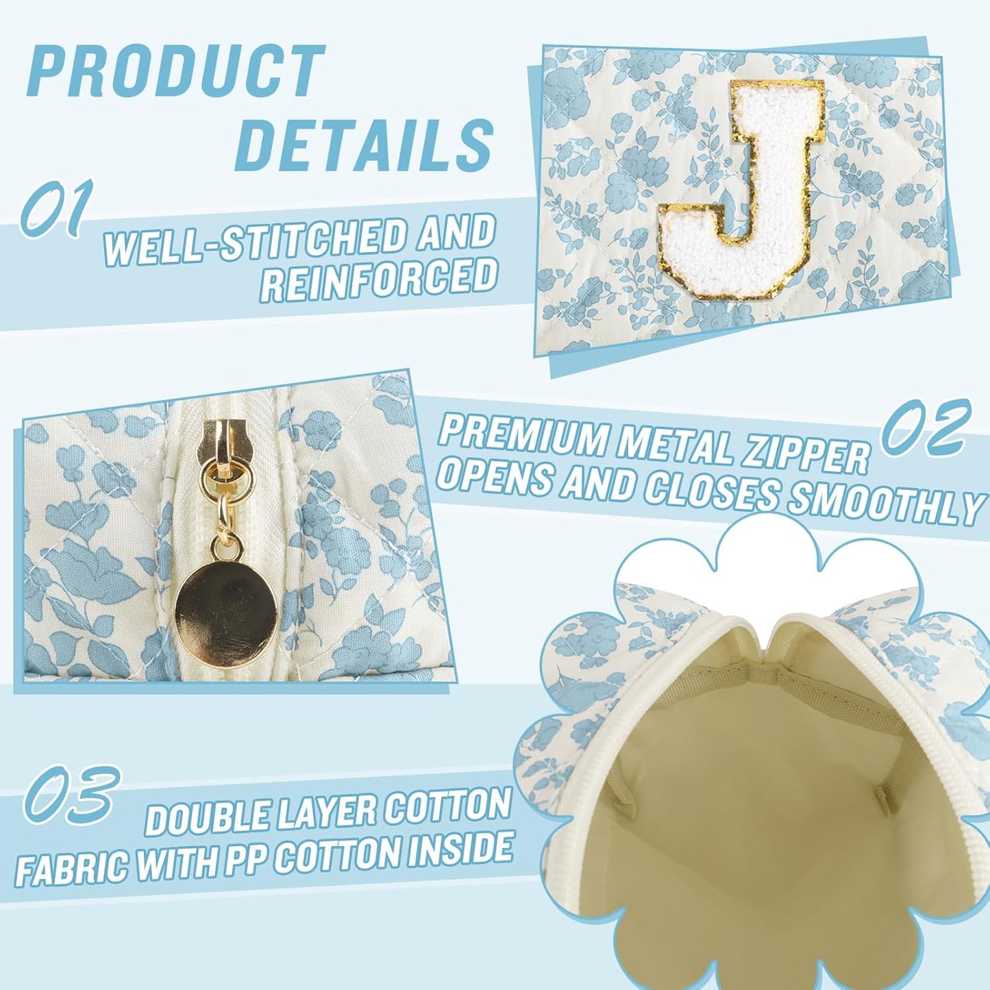Personalized Quilted Cosmetic Bag, Puffy Monogrammed Christmas Birthday Gifts for Women & Girls, Cute initial Floral Makeup Bag Puffer Coquette Bag, Aesthetic Travel Toiletry Zipper Pouch(Blue,J)