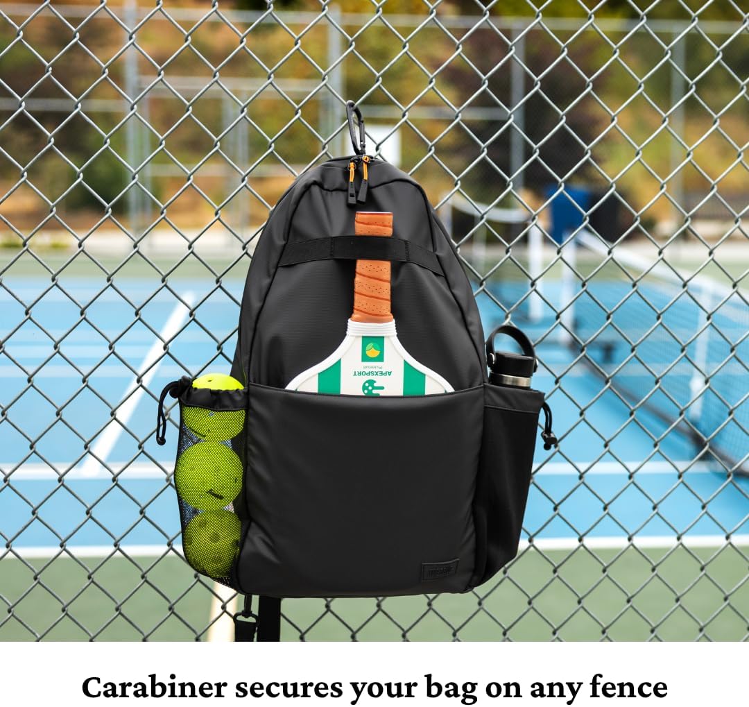 Pickleball Bag, Water-Resistant Sling Bag, Fits 3 Paddles - Minimal Branding, Lightweight, Durable, Fence Hook Carabiner, Water Bottle Holder, Multiple Pockets, Adjustable Shoulder Strap (Black,18L)