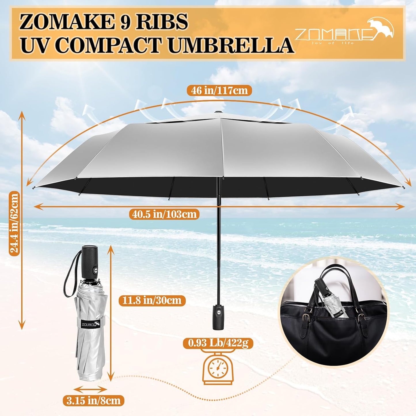 ZOMAKE UV Umbrella for Sun Protection UPF 50+,Travel Compact Sun Umbrellas UV Blocking Small Auto Open Portable for Walking