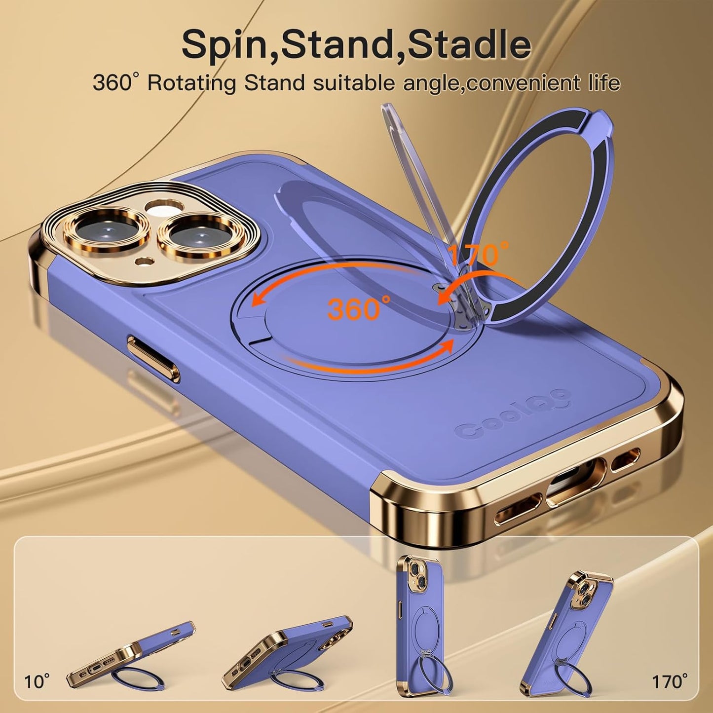 COOLQO for iPhone 13 Case 6.1'' Upgraded 360° Spin Magnetic Stand [Compatible with Magsafe][Military Protection] Plating Matte Scratch-Resistant Back Protective Shockproof Phone Case, Purple Gold
