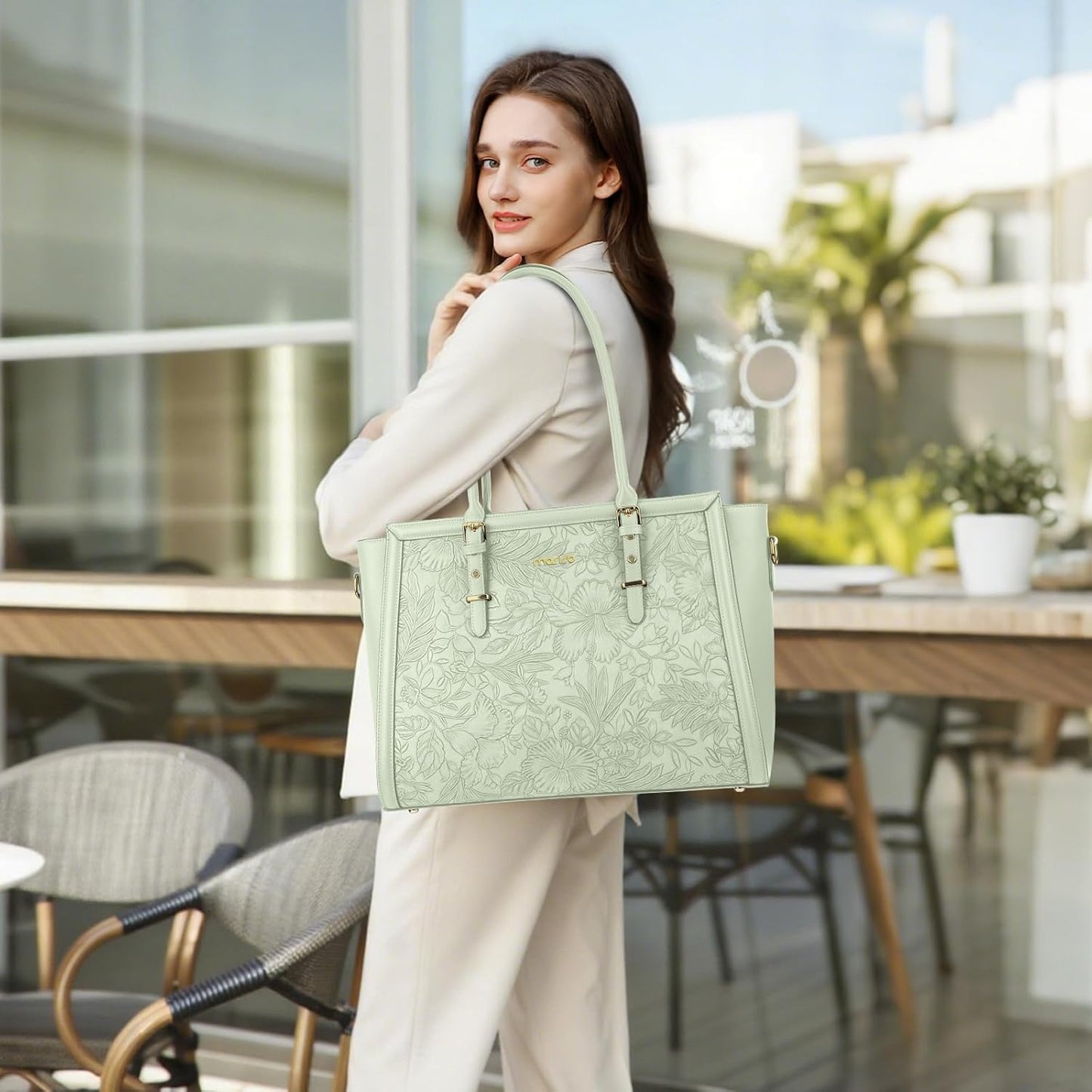 MOSISO Laptop Bag for Women, PU Leather Tote Bag, Front Embossed Retro Hibiscus Computer Bags with Silk Scarf&Clutch Purse