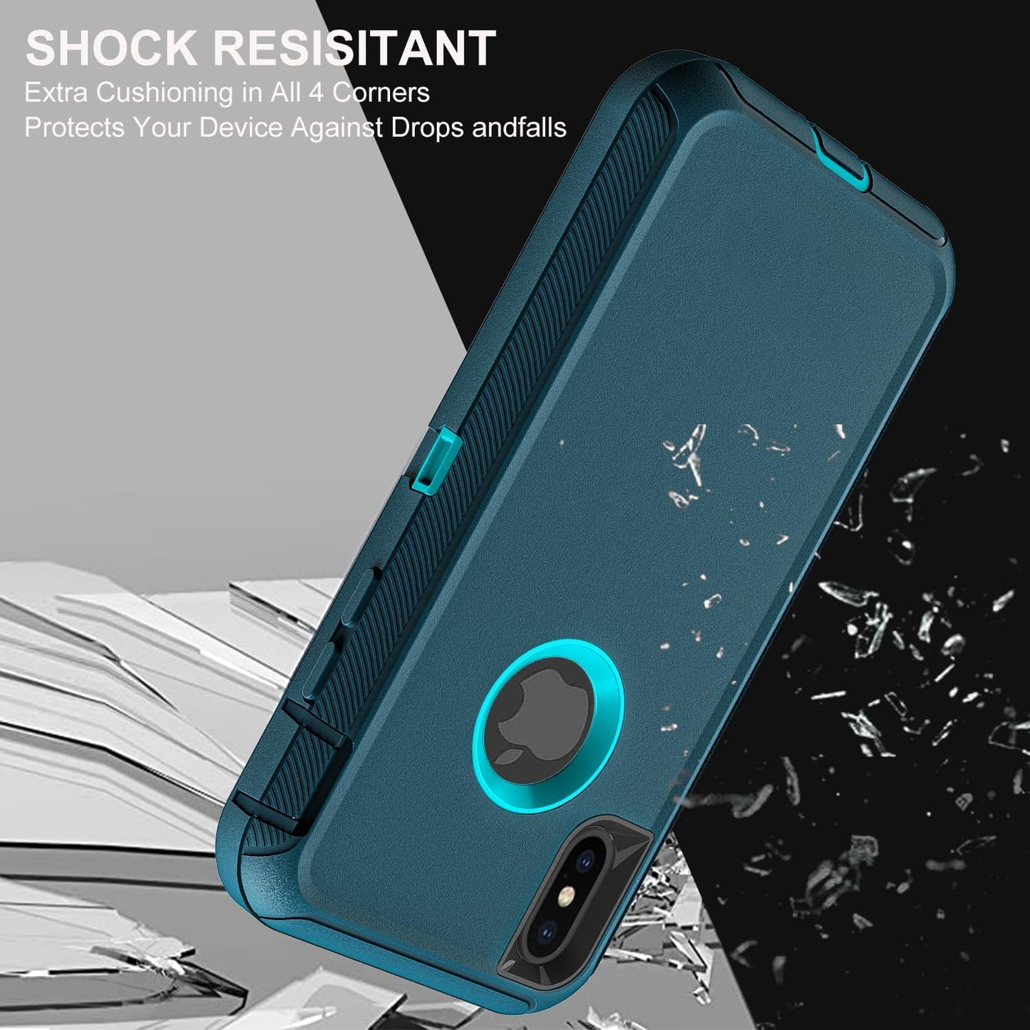 for iPhone Xs Max Case, Military Grade 3 in 1 Heavy Duty Shockproof/Drop Proof/Dust Proof Case with 2Pcs Tempered Glass Screen Protector (Blue/Turquoise)