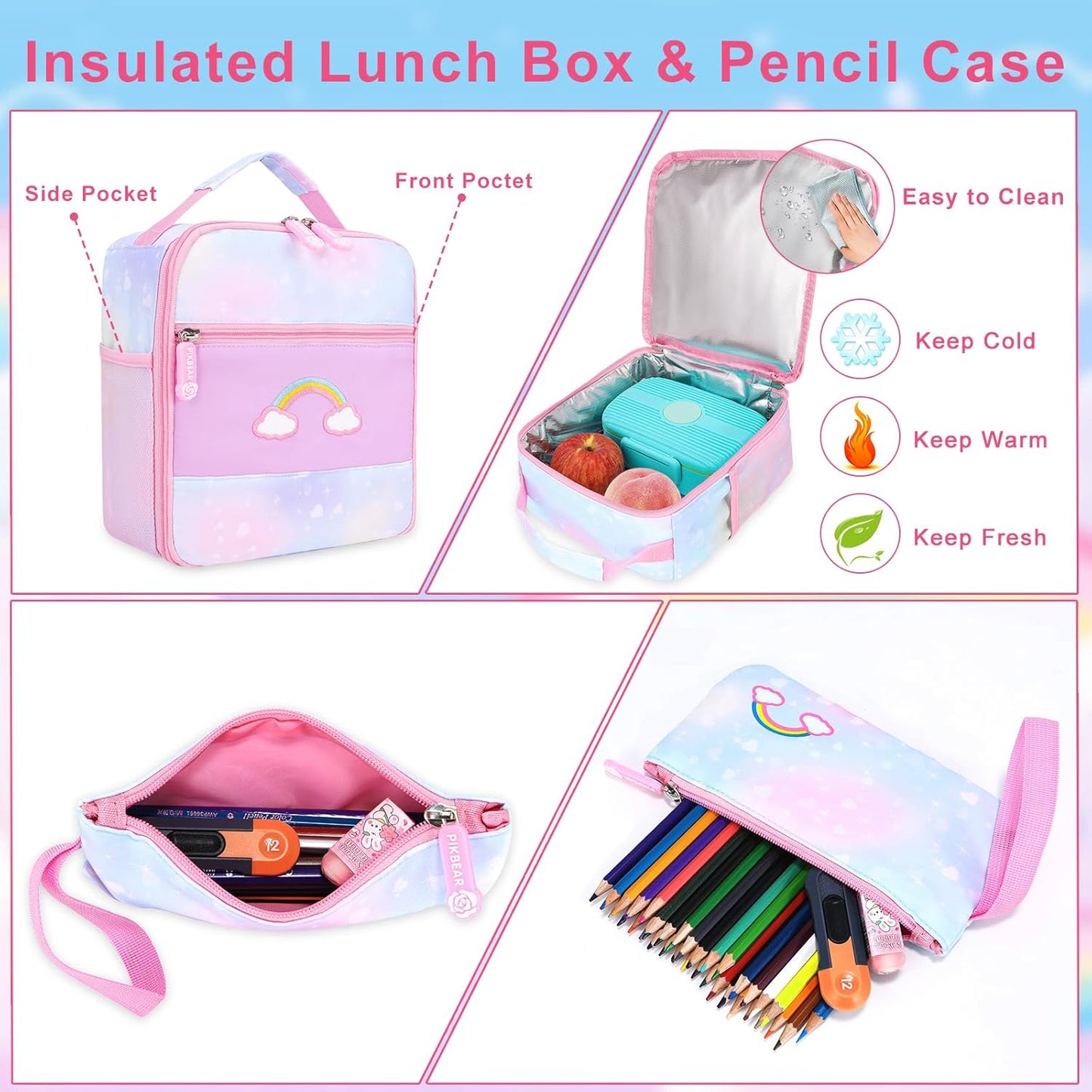 Girls Backpack Set 3 IN 1,Cute Rainbow Kids Backpack with Insulated Lunch Box Pen Case Set Student School bag(Blue-3 pieces set)