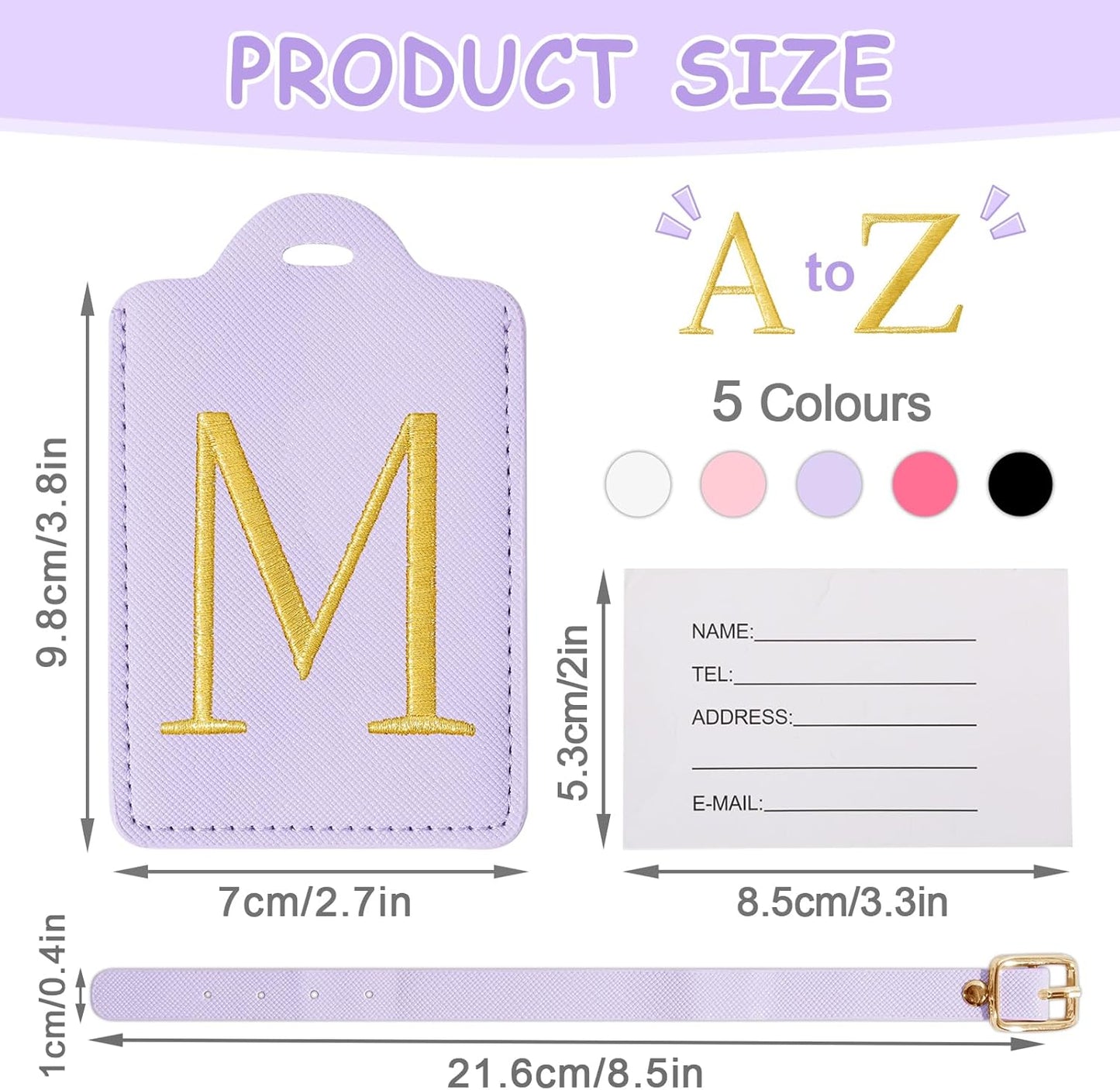 Personalized Initial Luggage Tags for Suitcases, Cute PU Leather Embroidered Letter Travel Luggage Tags, Suitcase Identifier Name Baggage Tag, Bag Tags for Men Women Kids Luggage Handbags(Purple M)