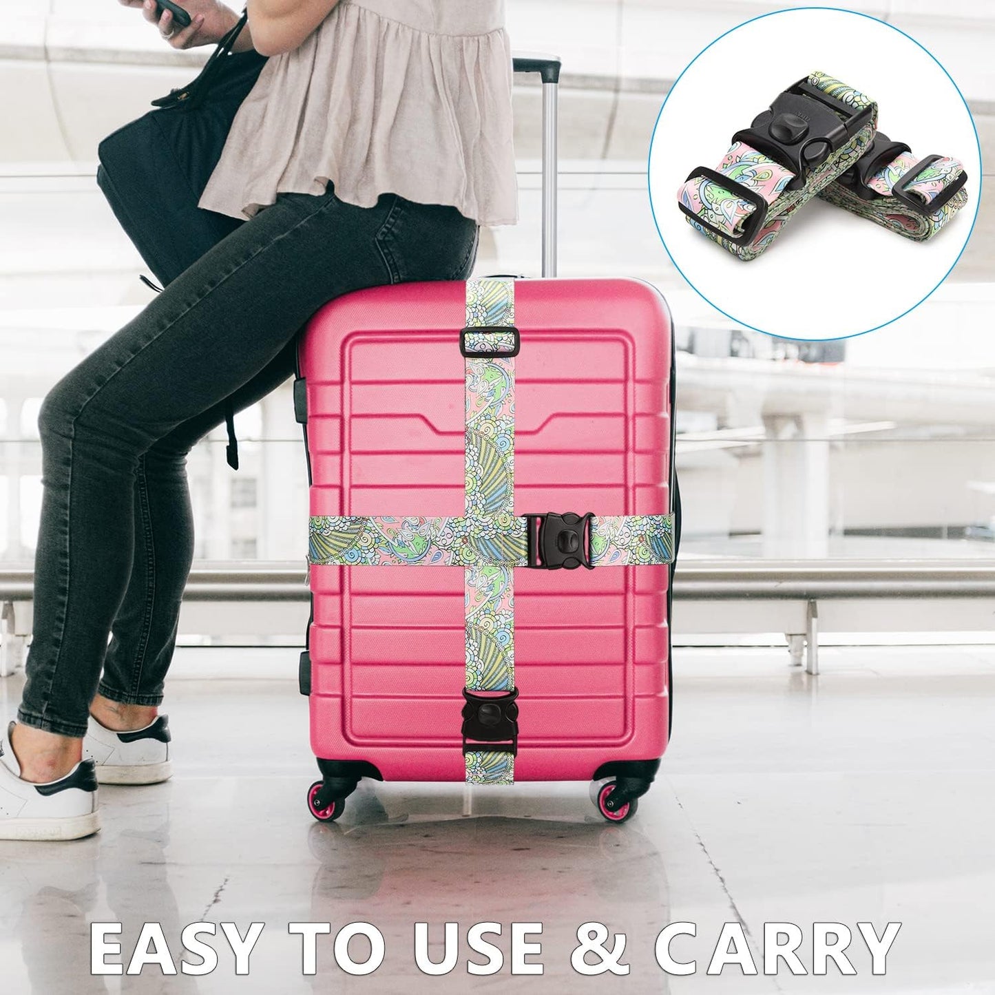 2 Pack 75'' x 2'' Adjustable Luggage Straps for Suitcase Belt Travel Bag Packing Straps Accessories (Rainbow)