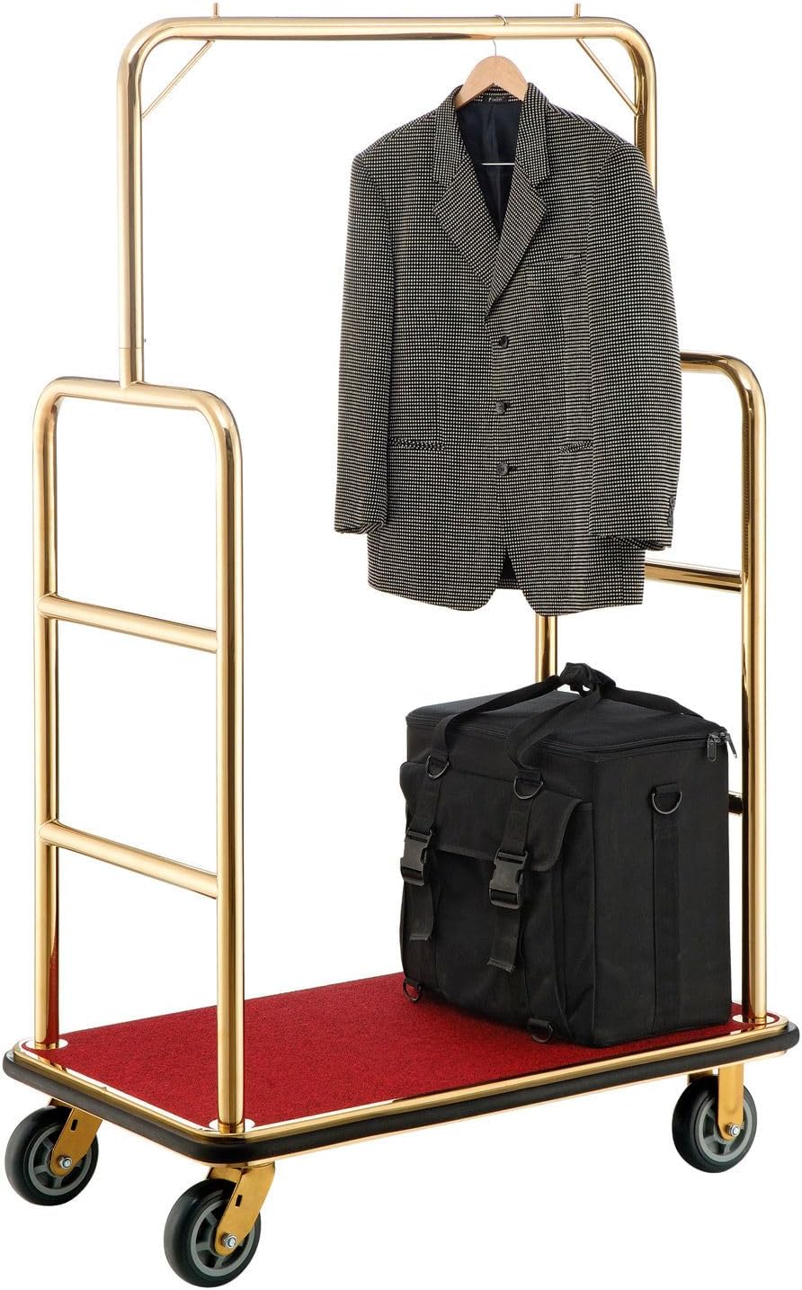 Global Industrial Gold Stainless Steel Bellman Cart Straight Uprights 6" Rubber Casters, 41-1/4"L x 24" W x 73" H, Hotel Luggage Cart for Commercial Use, Condos, Resorts