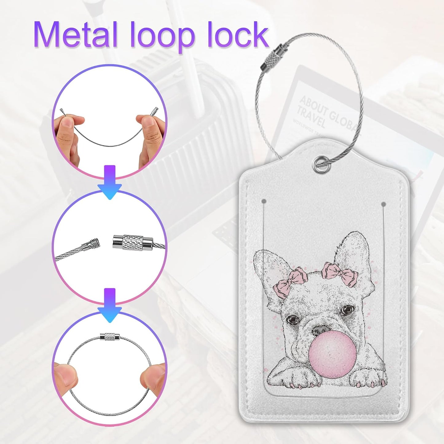 2 Pack Leather Luggage Tag for Suitcase French Bulldog Cute Dog Unique Travel Tags with Privacy Cover ID Label & Stainless Steel Loop for Men and Women Baggage