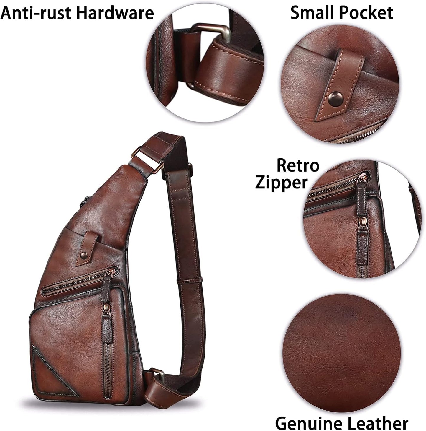 Genuine Leather Sling Bag for Men Vintage Handmade Crossbody Daypack Hiking Backpack Retro