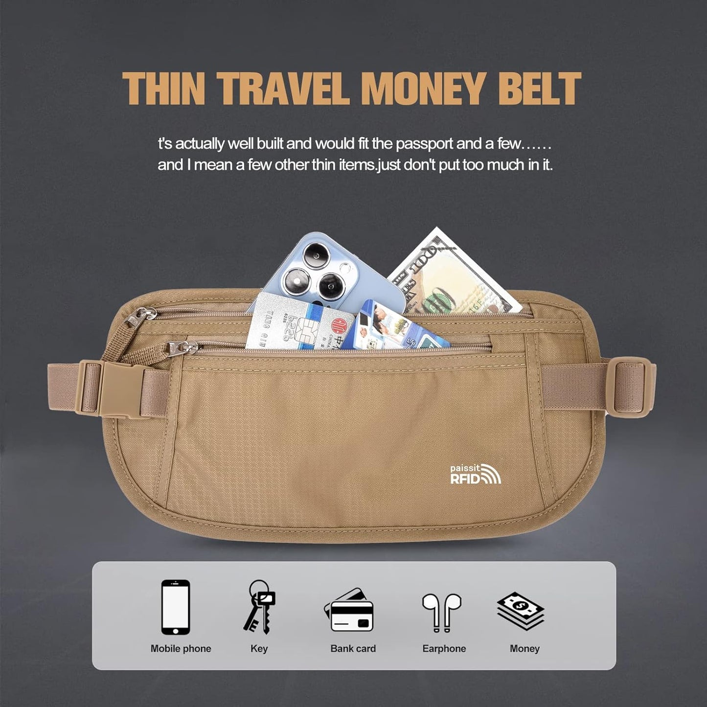 Unisex Money Belt For Men and Women, Slim Passport Holder RFID Blocking Travel Essentials Pouch with Adjustable Strap Small Waist Pouch for Workout Running Travelling Hiking (Beige 2 Packs)