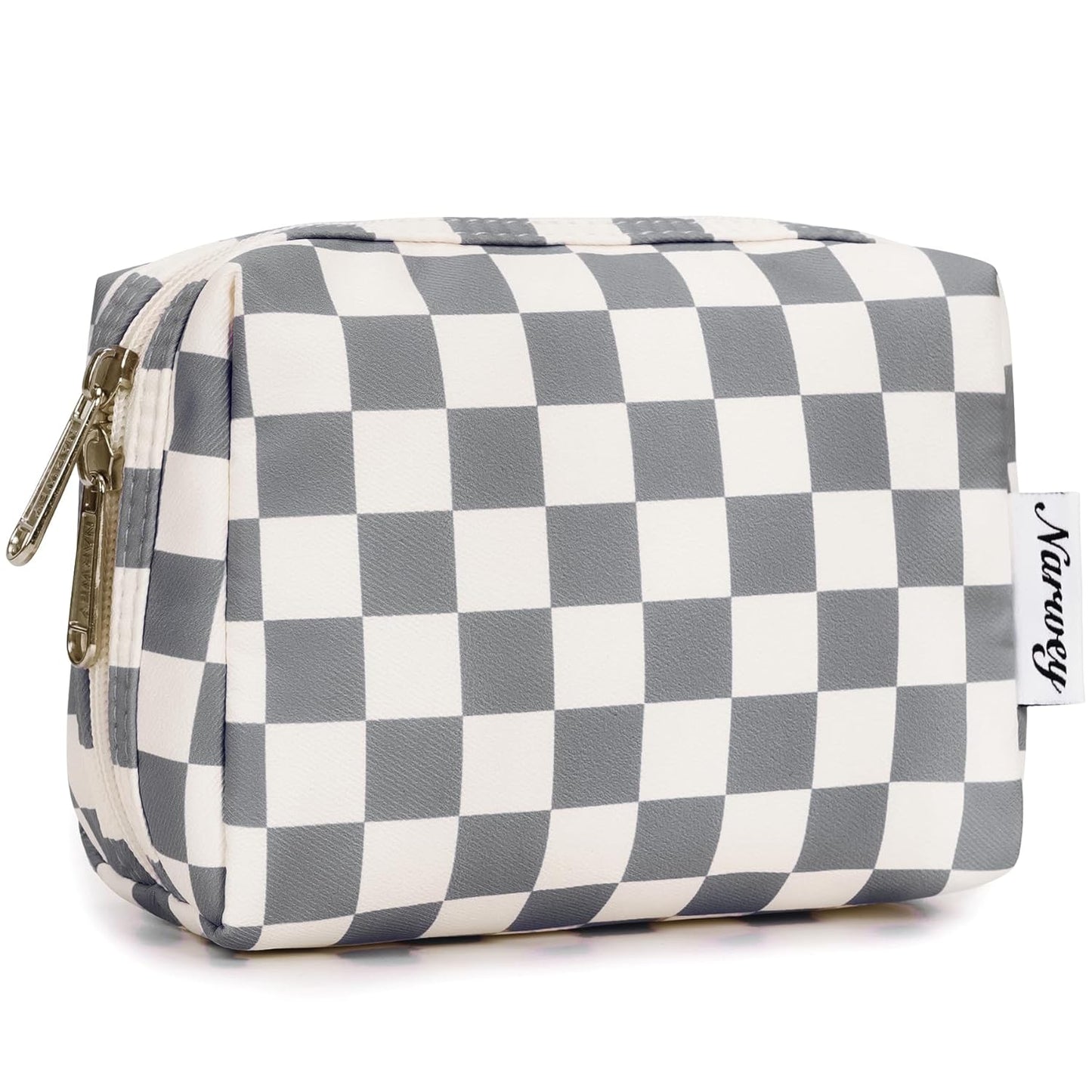 Narwey Small Checkered Makeup Bag for Purse Mini Cosmetic Bag Travel Makeup Pouch Zipper Pouch Cute Make up Bags with Compartments for Women Girls (Grayish Blue Checkerboard, Small)