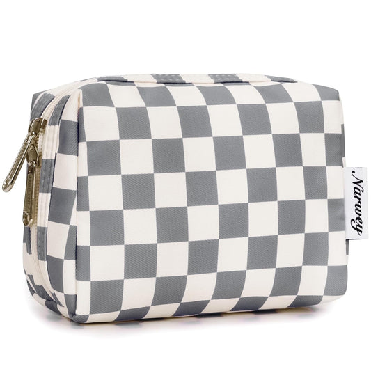 Narwey Small Checkered Makeup Bag for Purse Mini Cosmetic Bag Travel Makeup Pouch Zipper Pouch Cute Make up Bags with Compartments for Women Girls (Grayish Blue Checkerboard, Small)