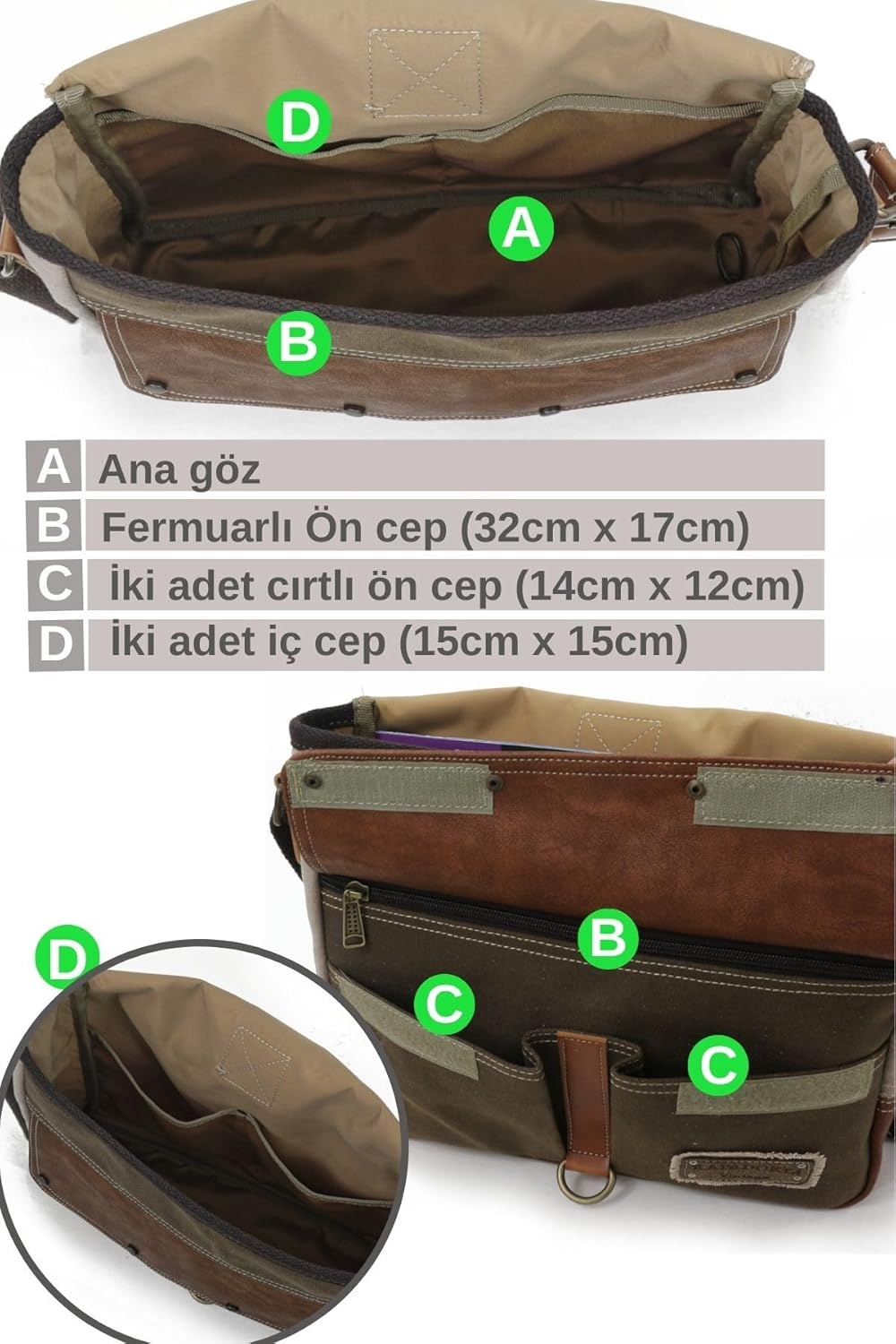Antiochia 4046 Messenger Bag, Leather Detailed Shoulder Laptop Bag, Unisex Style for Daily, Travel