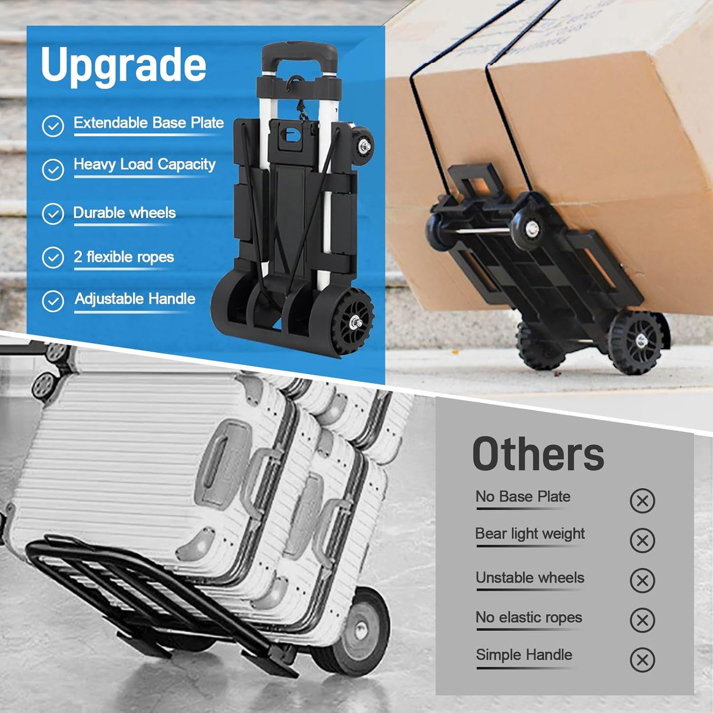 Small Folding Hand Truck Dolly with 4 Wheels,Portable Dolly Lightweight Aluminum Collapsible Luggage Cart,Design for Travel, Shopping, Moving, Office, Airport, Warehouse Use - Black