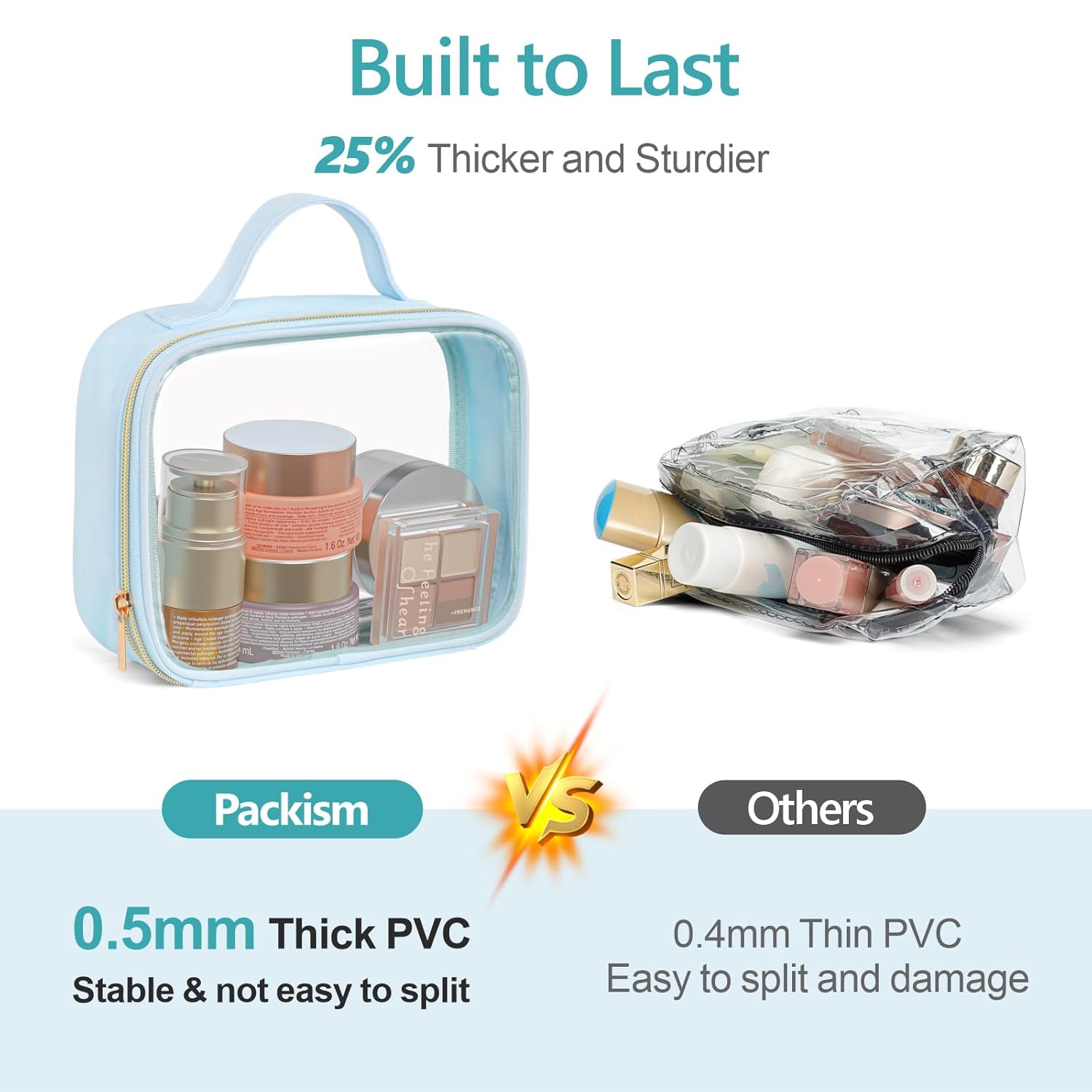 PACKISM Clear Makeup Bag - 3 Pack TSA Approved Toiletry Bag with Handle and 180° Large Opening
