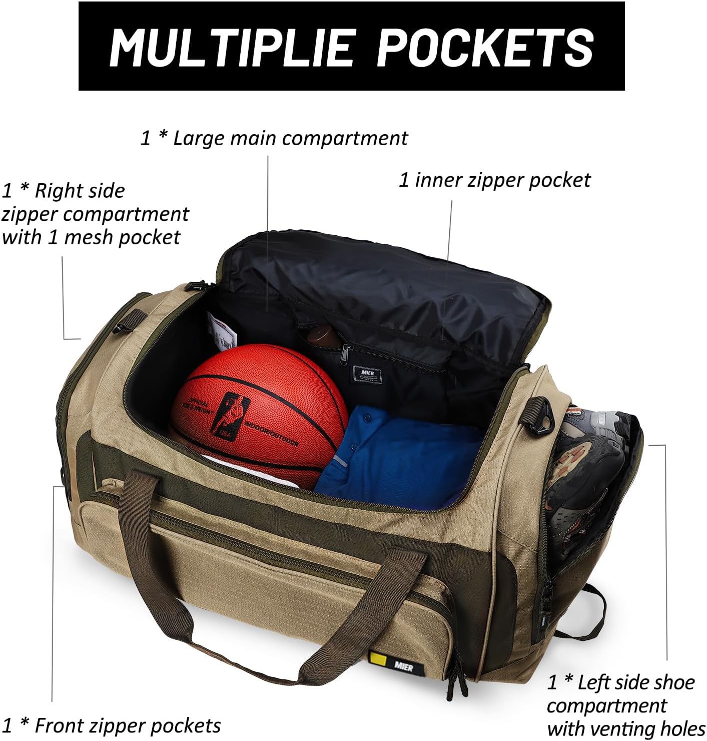 MIER Large Gym Bag for Men Sports Duffle Bag with Shoe Compartment 60L Lightweight Duffel Bags for Workout Fitness Travel