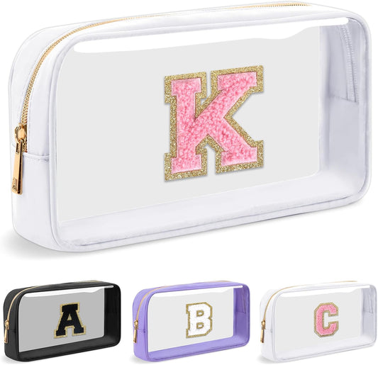 Personalized Initial Letter Clear Makeup Bag,Preppy Small Nylon&PVC Cosmetic Zipper Bag with Chenille Letter,Travel Skincare Toiletry Bag,Monogram Christmas Gift for Teen Girls Women,K