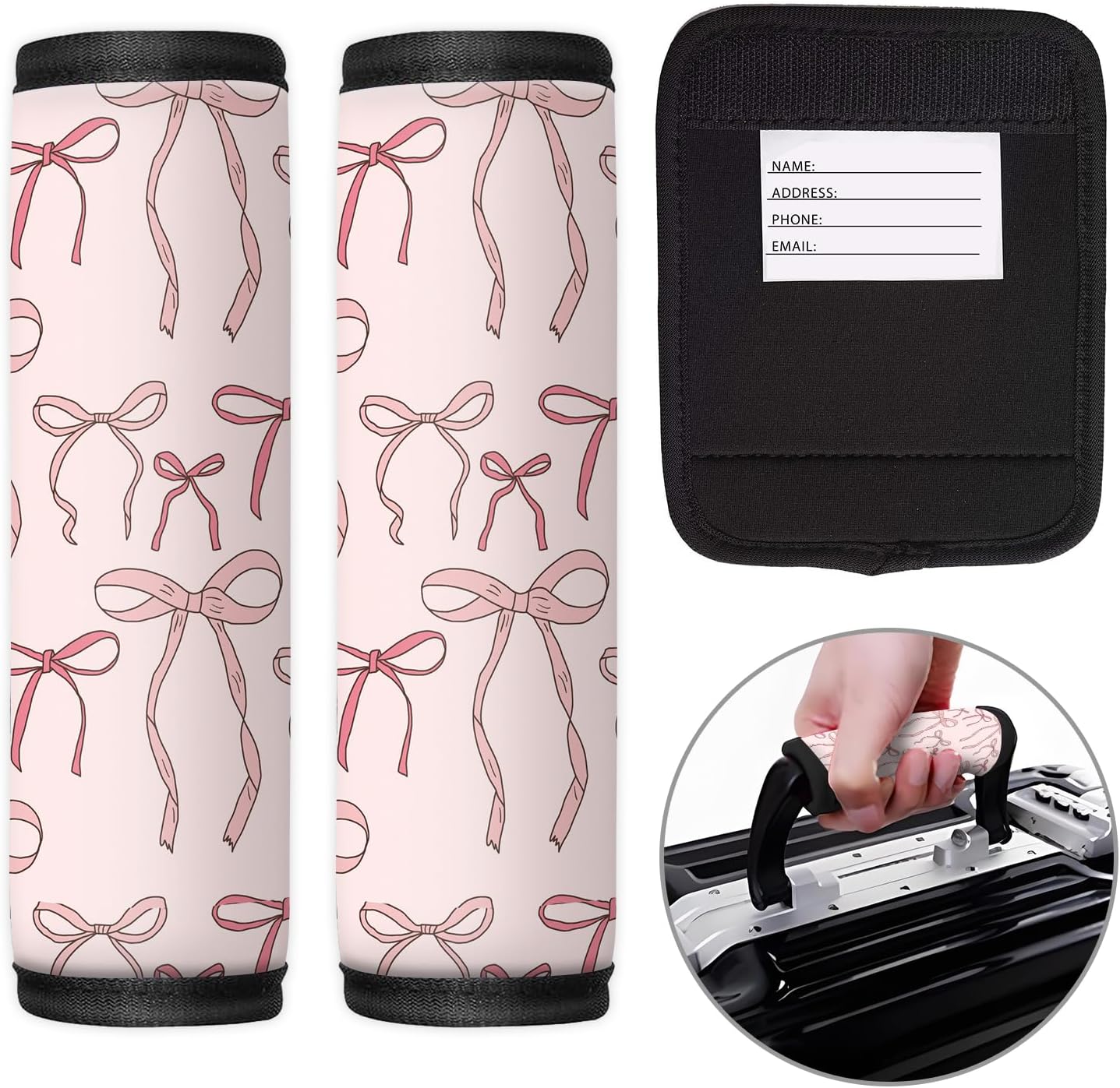 2 Pack Luggage Handle Wrap Travel Tags - Set of Luggage Tags for Suitcases, Identifiers, Marker, and Handle Covers - Cruise Accessories and Travel Gifts（Boho Pink Bow