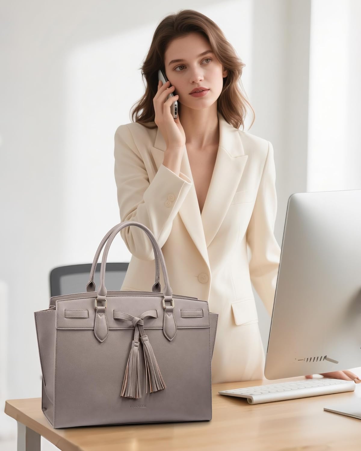 LOVEVOOK Laptop Bag for Women,Work Tote Bag with Large Cup Holder,Leather Computer Bag Teacher Bag Handbag Gifts for Women