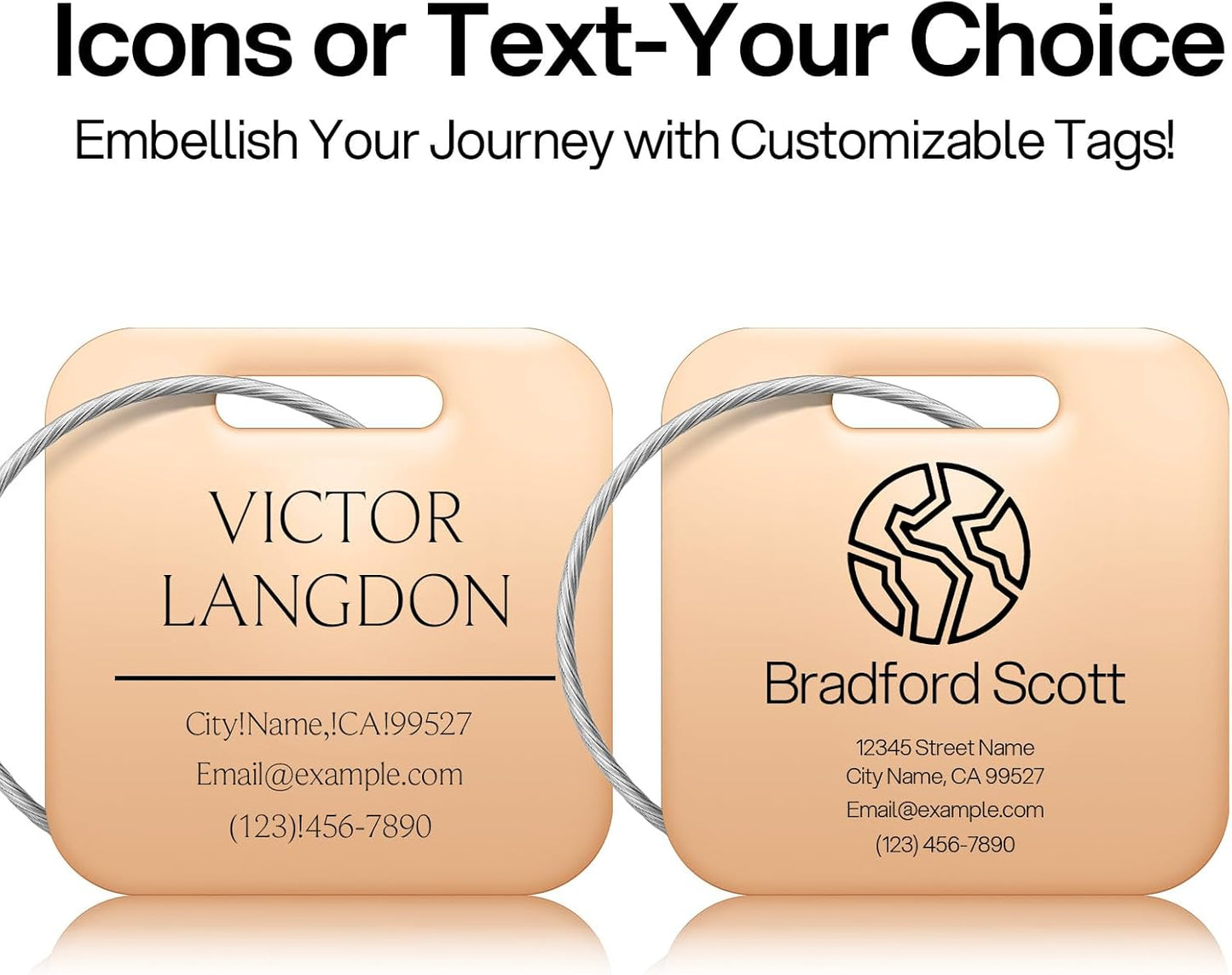 Initial Personalized Luggage Tags for Suitcases - Laser Engraved Stainless Steel Custom Name ID Tag for Backpack and Bag Kids, Women - Metal Baggage Tags Travel Essentials Accessories(Square-Rosegold)