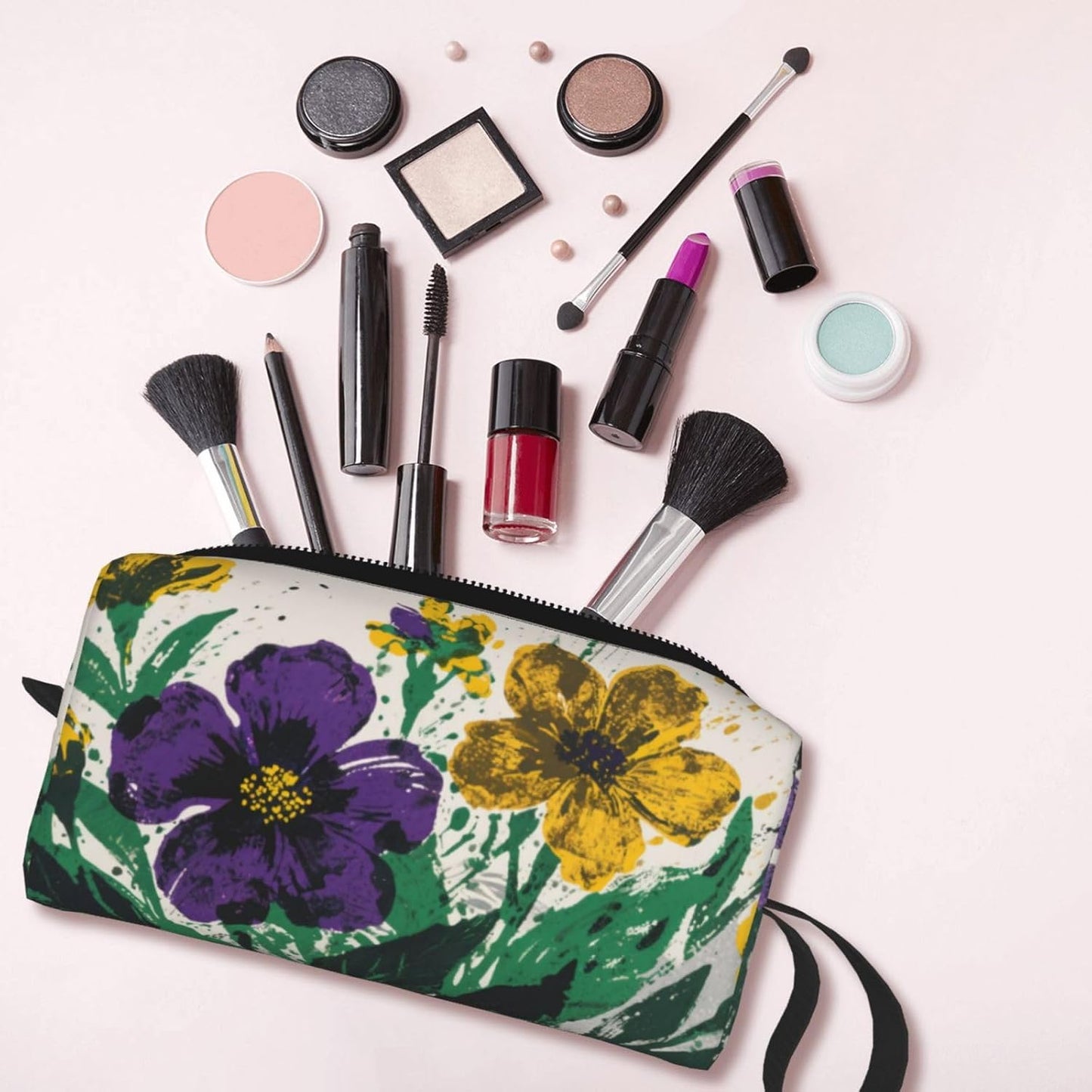 Purple & Yellow Floral Makeup Bag Small Compact & Durable Travel Cosmetic Bag Organizer Oxford Fabric Impact-Resistant Multi-Purpose Storage Perfect for Travel, Gym, Daily Use