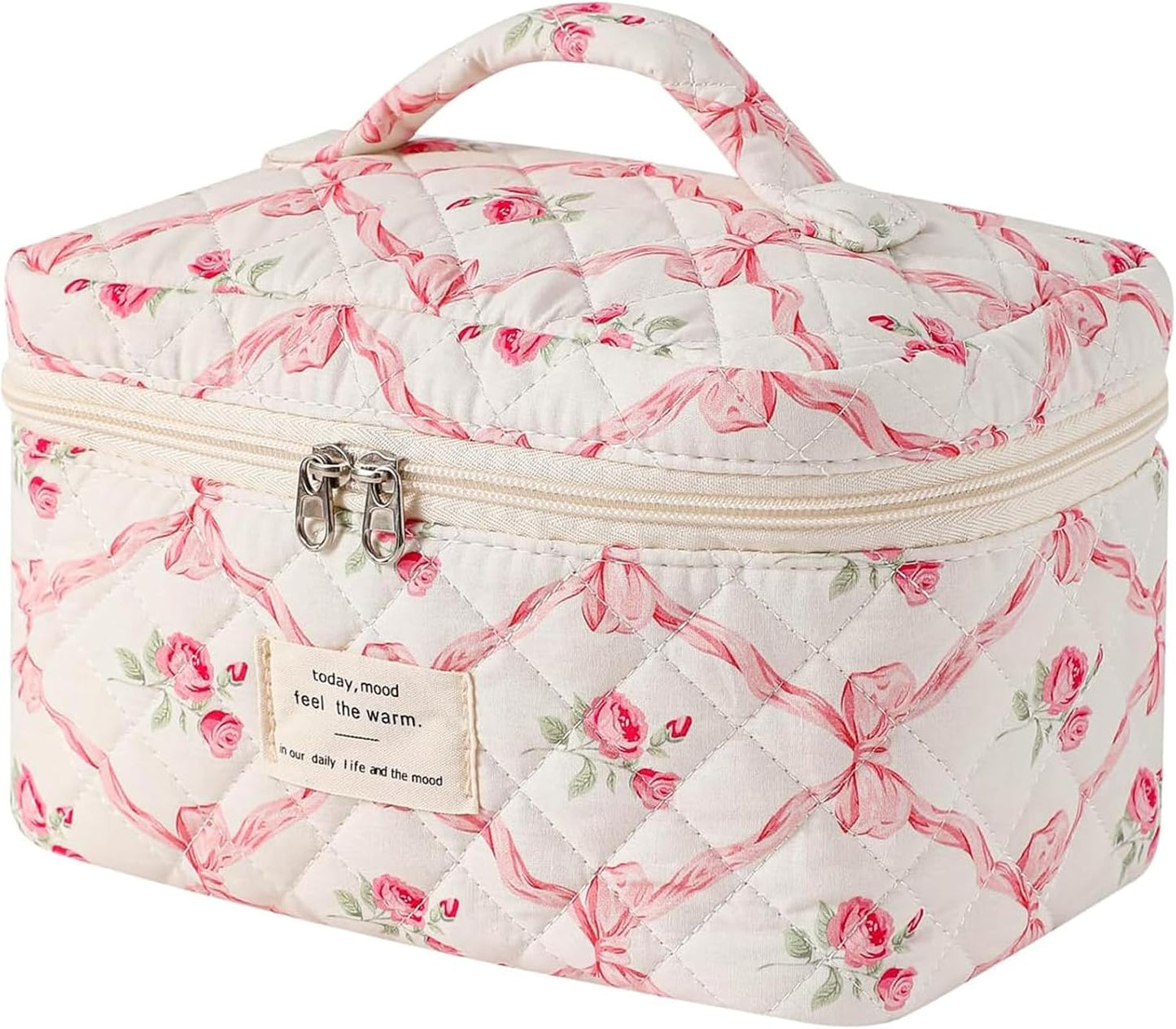 Quilted Makeup Bag, Large Makeup Bag, Cute Cosmetic Bags for Women Girls, Floral Coquette Aesthetic Patchwork Travel Toiletry Make Up Organizer Bag-Pink Bow