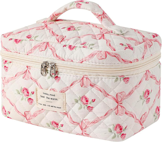Quilted Makeup Bag, Large Makeup Bag, Cute Cosmetic Bags for Women Girls, Floral Coquette Aesthetic Patchwork Travel Toiletry Make Up Organizer Bag-Pink Bow