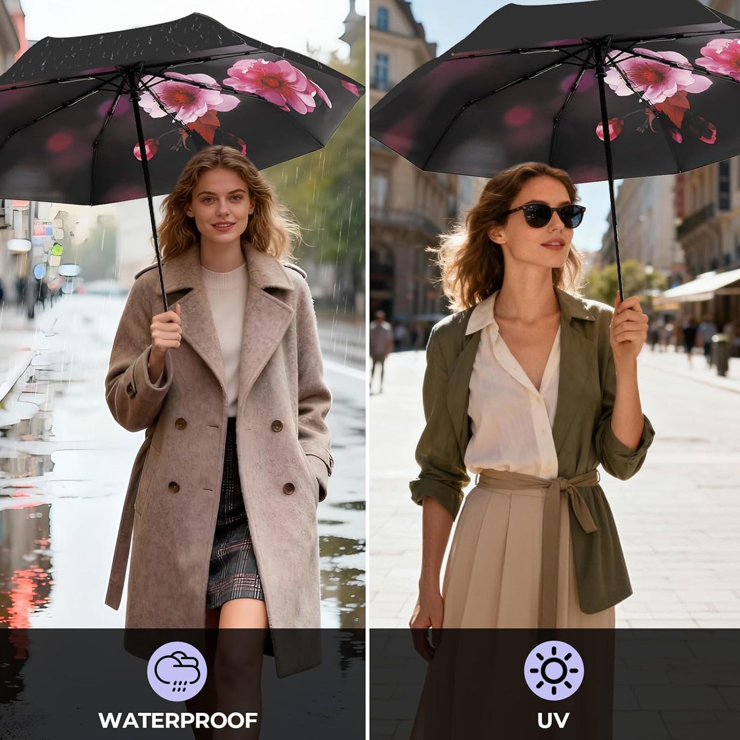 LLanxiry Compact Travel Umbrella, Mini Windproof Umbrellas for Rain & Sun, Small Lightweight Outdoor UV Umbrella, Portable Folding Umbrellas for Travel